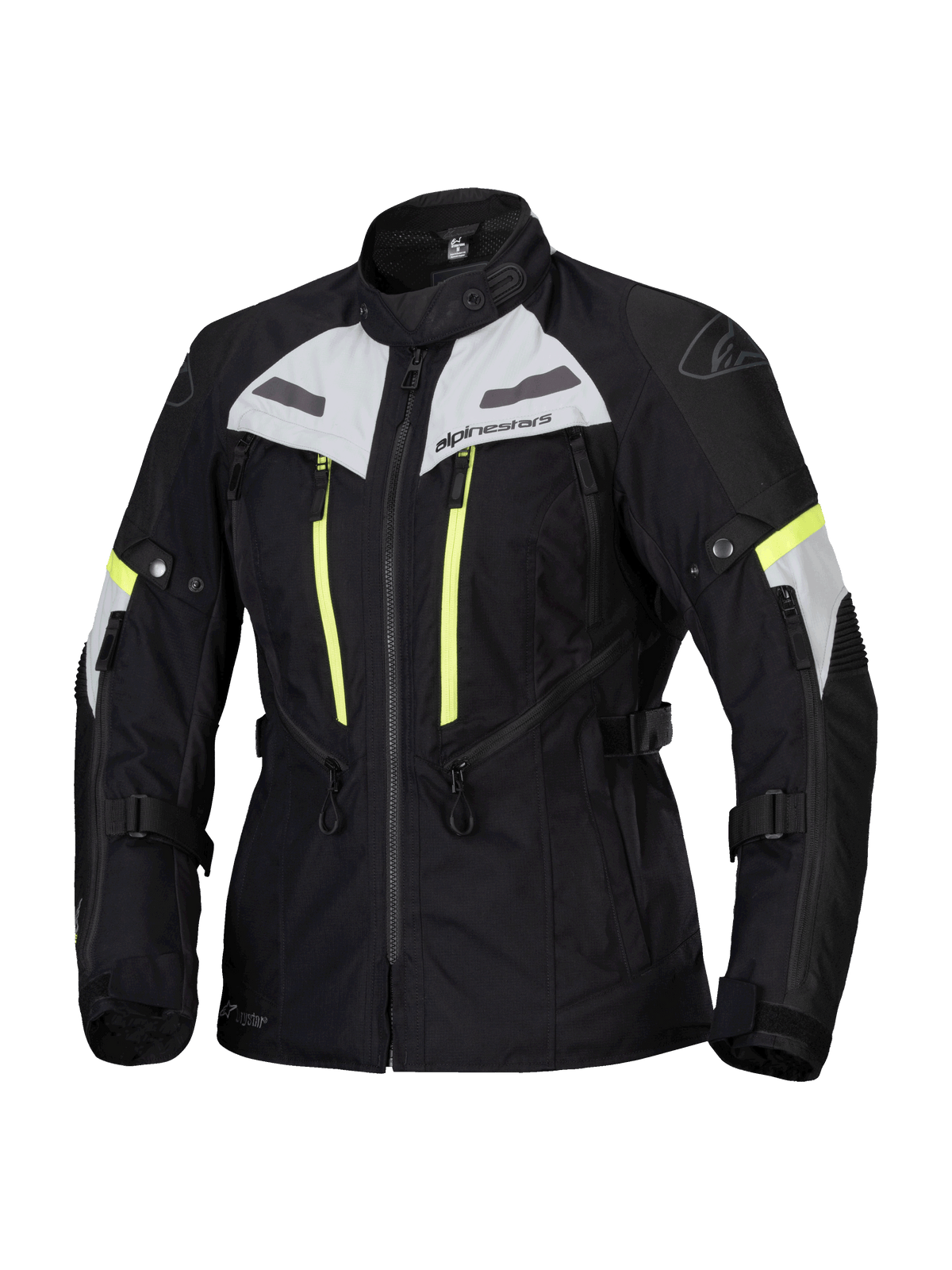 Giacca Stella Bogota Pro Drystar Alpinestars, giacca da moto touring da donna, nero con accenti grigio ghiaccio e giallo fluo, costruzione in tessuto impermeabile e traspirante, con ampie cerniere di ventilazione e cinghie regolabili per la guida adventure