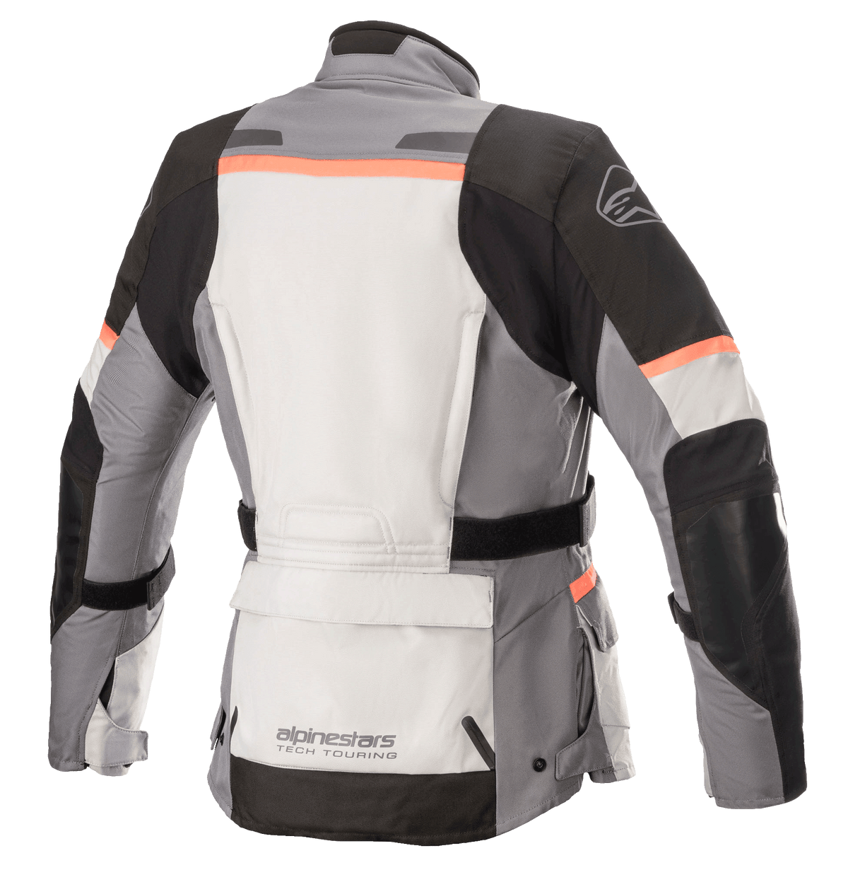 Giacca Alpinestars Stella Andes V3 Drystar® da donna, giacca da moto, grigio ghiaccio, grigio scuro, nero e corallo, vista posteriore con ampia tasca porta-attrezzi sul fondo schiena, cintura di regolazione in vita e accenti corallo su spalle e schiena