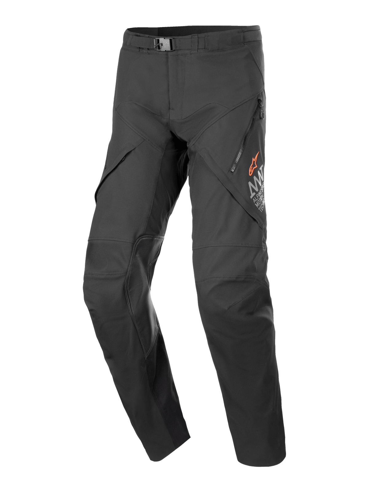 Alpinestars AMT-8 Stretch Drystar XF Pants, pantaloni da moto touring neri, con aperture di ventilazione sulle cosce con zip, logo a stella arancione, fibbia regolabile in vita e pannelli rinforzati sulle ginocchia, tessuto elasticizzato resistente