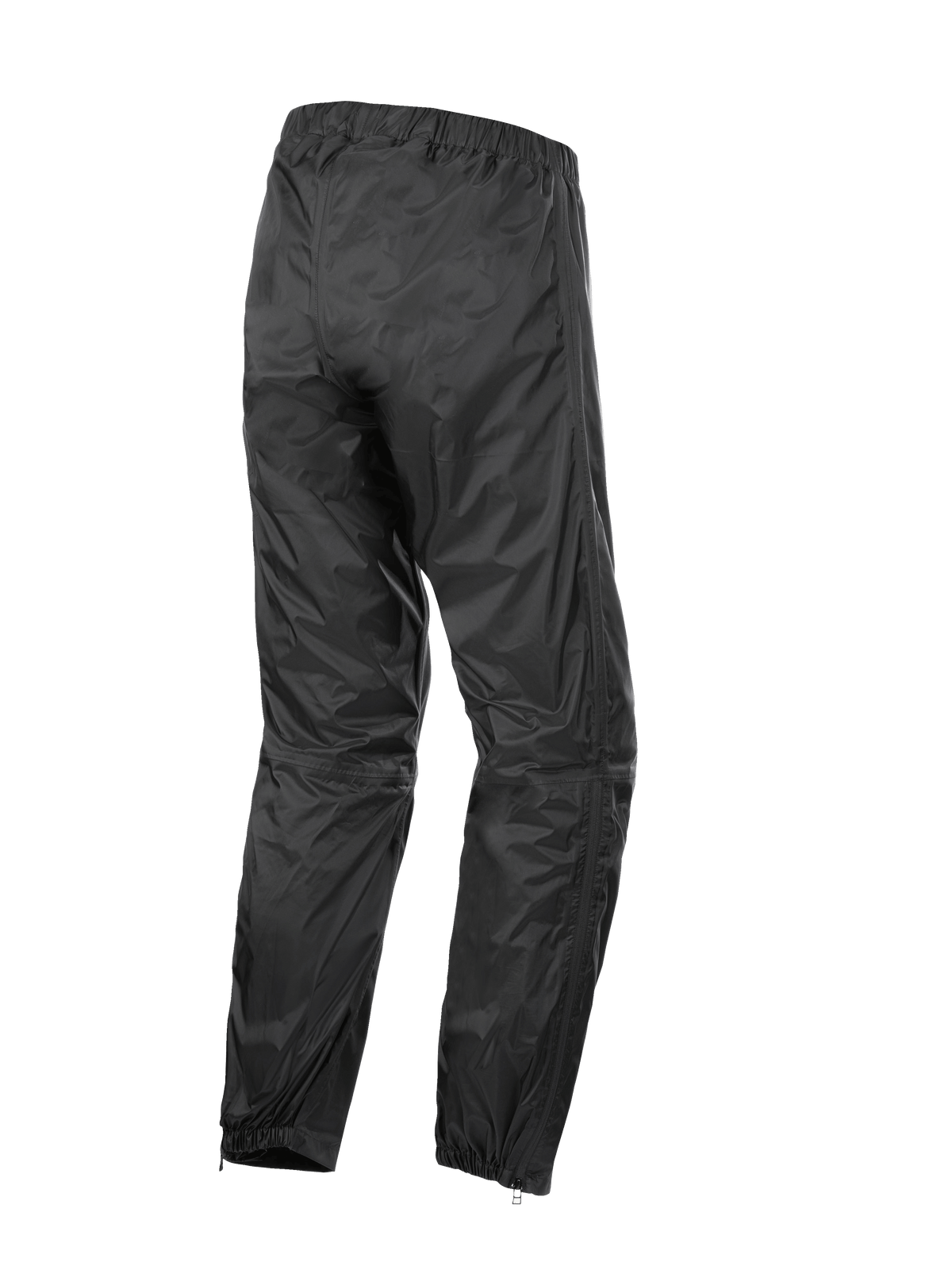 Alpinestars Hurricane Rain V2 Pant, sovrapantaloni da moto impermeabili, nero, vista posteriore con fascia elastica in vita e polsini, tessuto laminato leggero e antivento con cerniere a fondo gamba per calzare facilmente gli stivali, abbigliamento protettivo per touring su strada e adventure