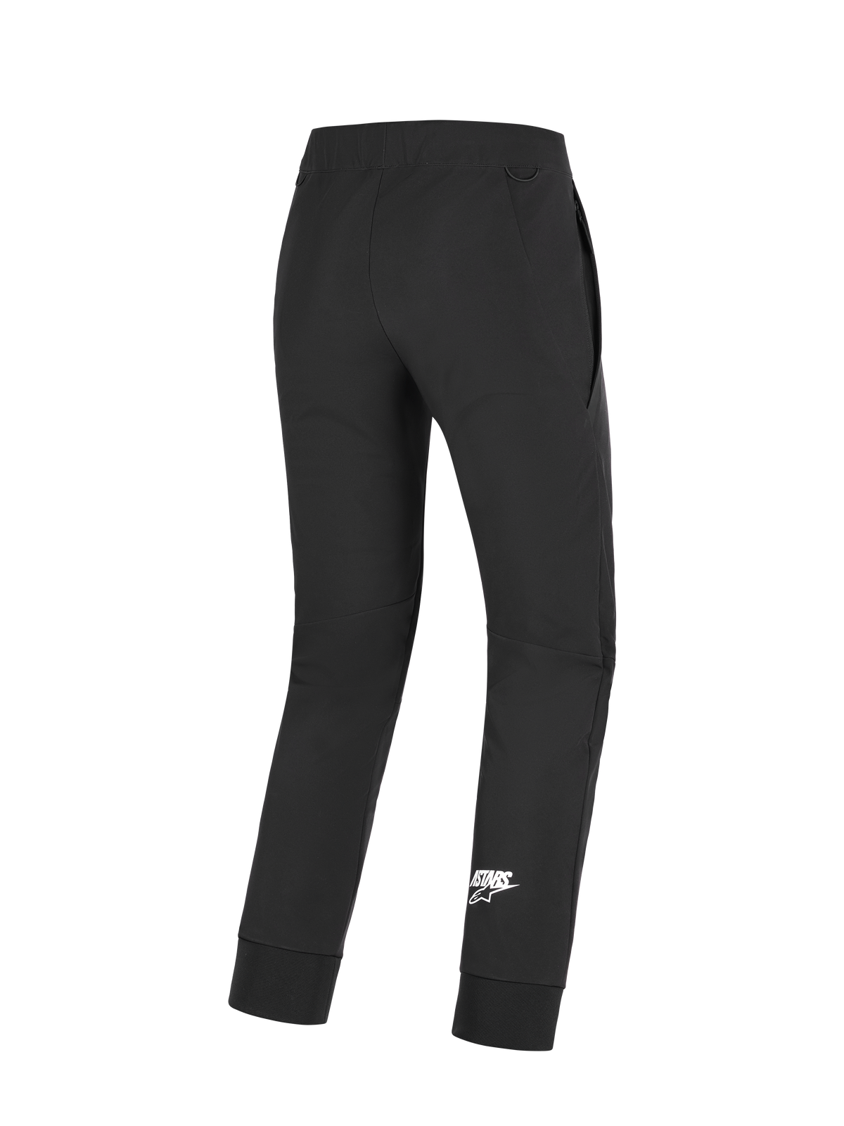 Pantaloni Aeroshell Alpinestars, pantaloni da moto, nero, vista posteriore con logo Astars bianco sulla parte inferiore della gamba, in tessuto softshell elasticizzato, ginocchia pre-curvate e polsini elastici