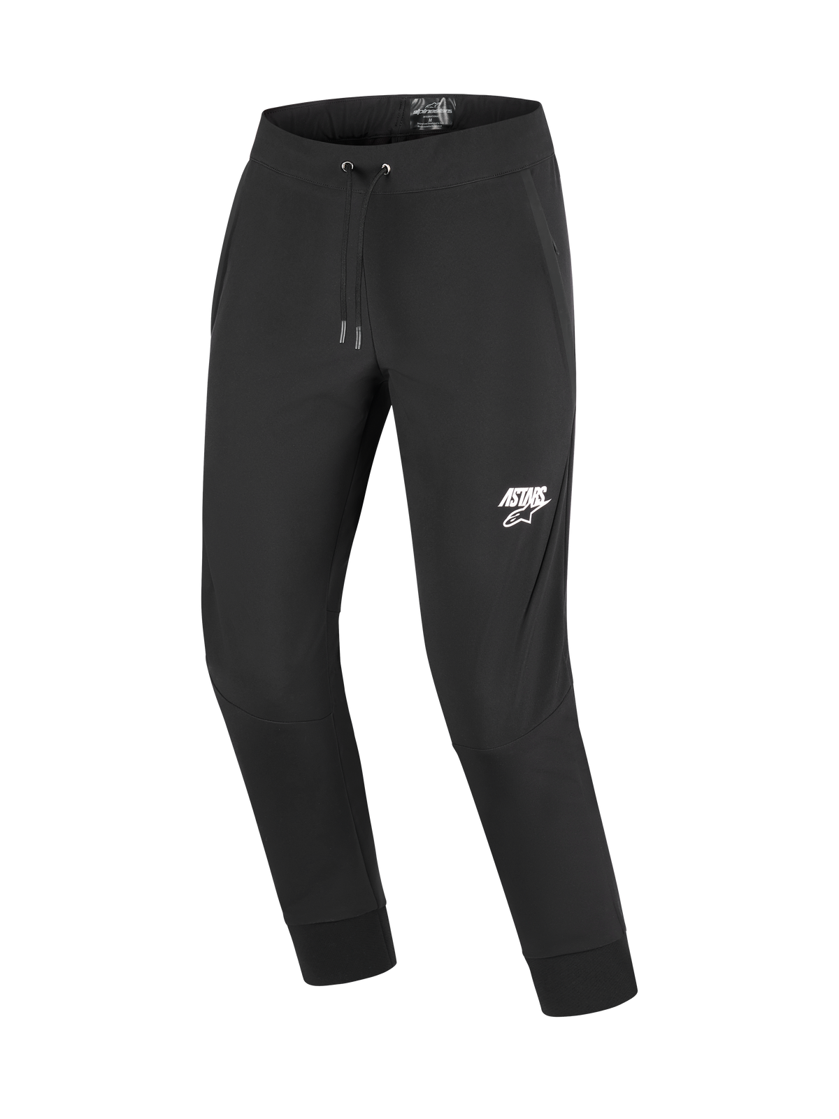 Alpinestars Aeroshell Pants, pantaloni da moto in softshell, nero con logo ASTARS bianco sulla coscia sinistra, caratterizzati da vita elastica con coulisse e polsini alle caviglie a coste, progettati per motociclisti urban e casual touring