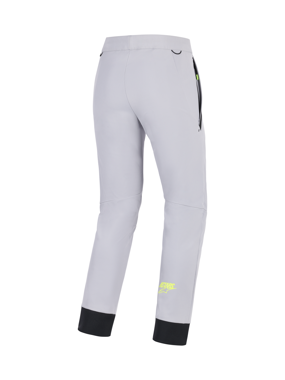 Alpinestars Pantaloni Aeroshell, pantaloni da moto crossover softshell da uomo, grigio medio con dettagli giallo fluo, vista posteriore con costruzione stretch, orlo inferiore elastico e tasche