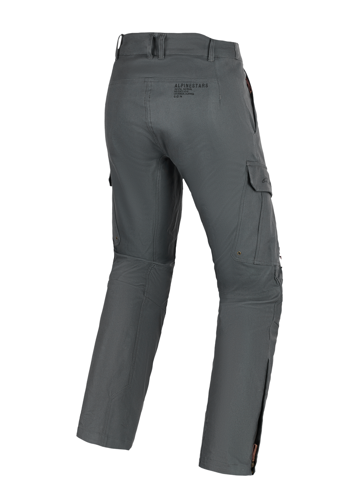 Pantaloni Alpinestars Borrego Drystar®, pantaloni da moto adventure, Grigio Antracite, vista posteriore con tasche cargo, logo posteriore e cerniere sui polpacci, materiale tessile resistente con effetto tela cerata