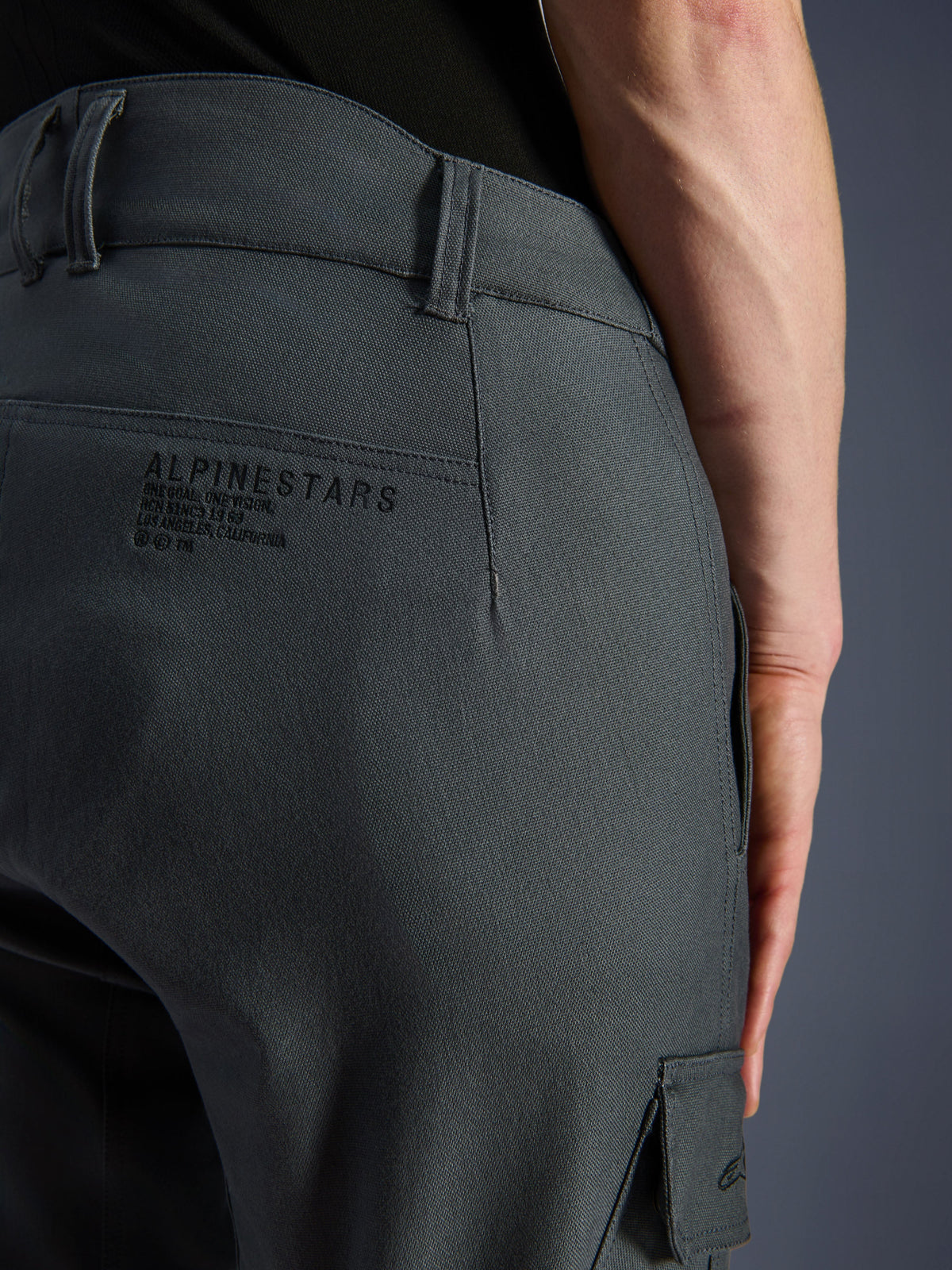Alpinestars Borrego Drystar® Pants, pantaloni da moto, grigio antracite, primo piano della zona posteriore dell'anca con marchio e slogan Alpinestars, tessuto resistente con effetto tela cerata, abbigliamento per guida adventure