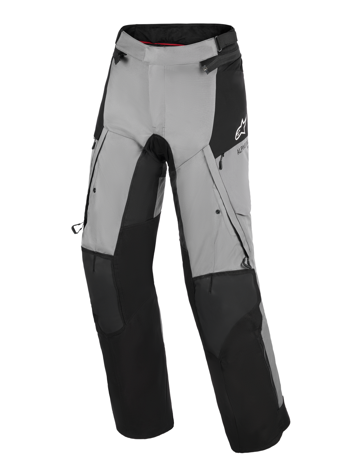 Alpinestars Andes V4 Drystar® Pants, pantaloni da moto adventure, nero e grigio scuro, con pannelli neri rinforzati su ginocchia e stinchi, prese d'aria con cerniera sulle cosce e tasche cargo, logo Alpinestars bianco sull'anca, progettati per la guida su strada e adventure in tutte le condizioni atmosferiche.