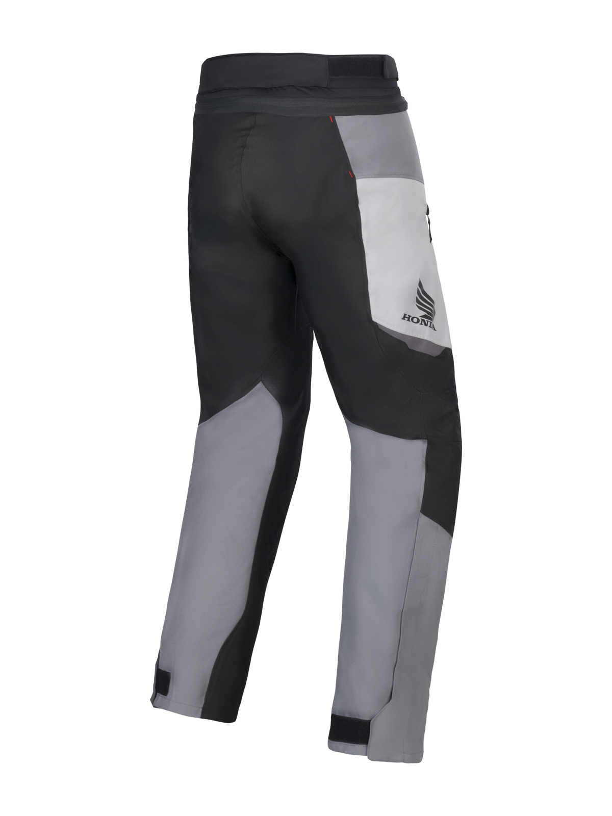 Alpinestars Honda St-1 Waterproof Pants, pantaloni da touring per moto, grigio ghiaccio, grigio scuro e nero, vista posteriore con design tessile multi-pannello, logo Honda sulla coscia e chiusure regolabili alle caviglie per la guida in ogni condizione climatica.