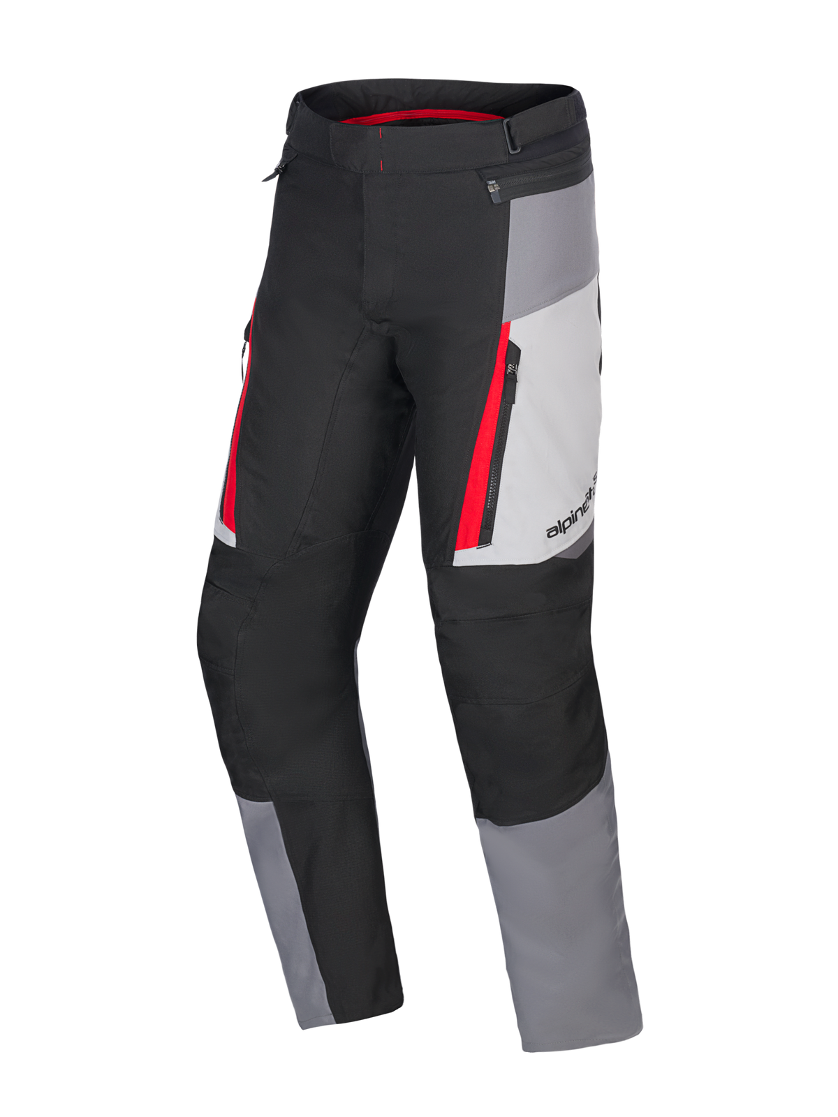 Alpinestars Honda ST-1 Waterproof Pants, pantaloni da touring moto, grigio ghiaccio, grigio scuro e nero con accenti rossi, costruzione in tessuto tecnico con fodera impermeabile, tasche cargo con zip e gambe pre-curvate ergonomiche
