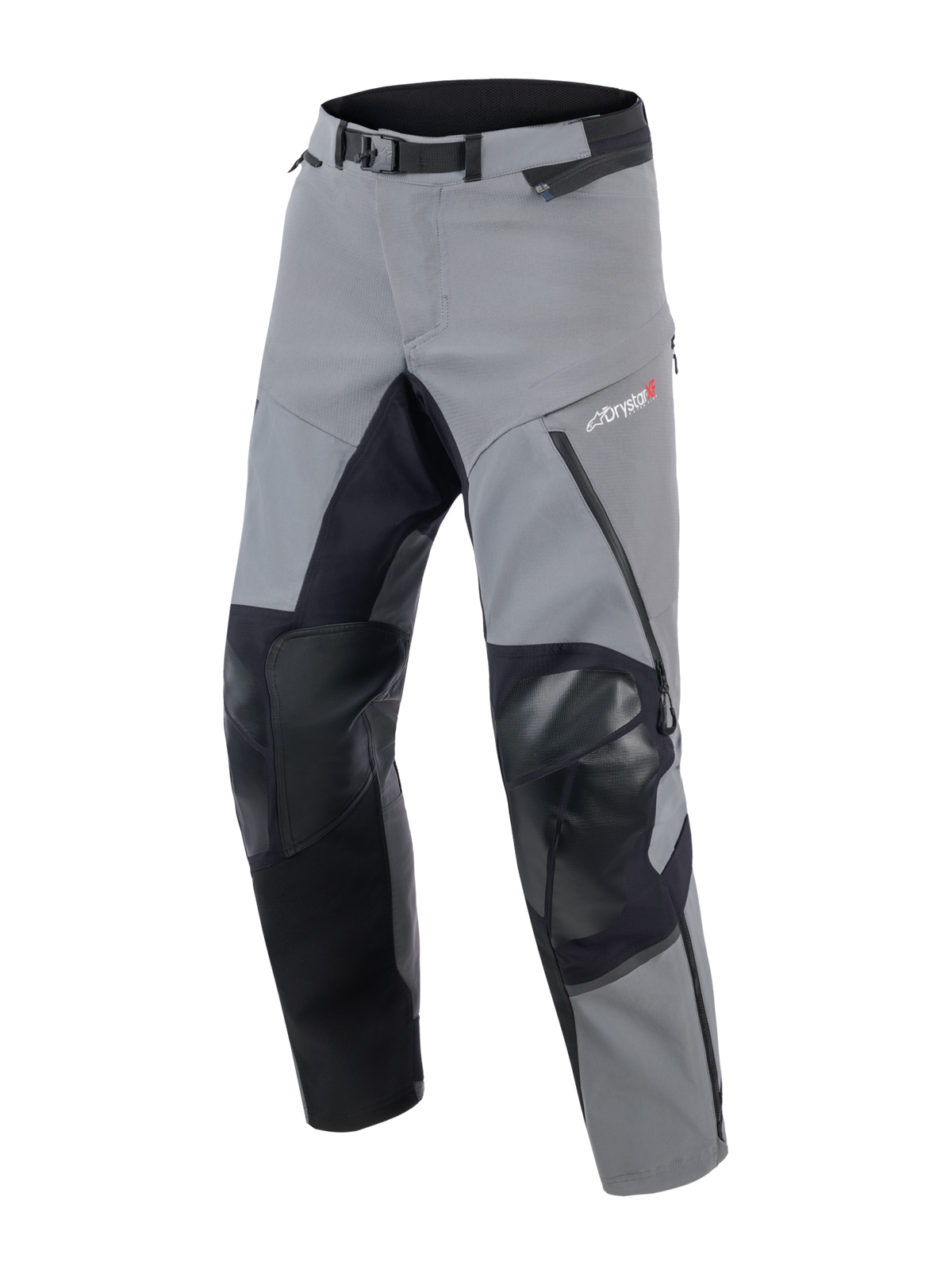 Alpinestars Pantaloni Andes Pro Drystar® XF, pantaloni da moto adventure touring da uomo, grigio scuro e nero, vista frontale con pannelli neri rinforzati su ginocchia e interno gamba, fibbia magnetica in vita e logo Drystar XF sulla coscia