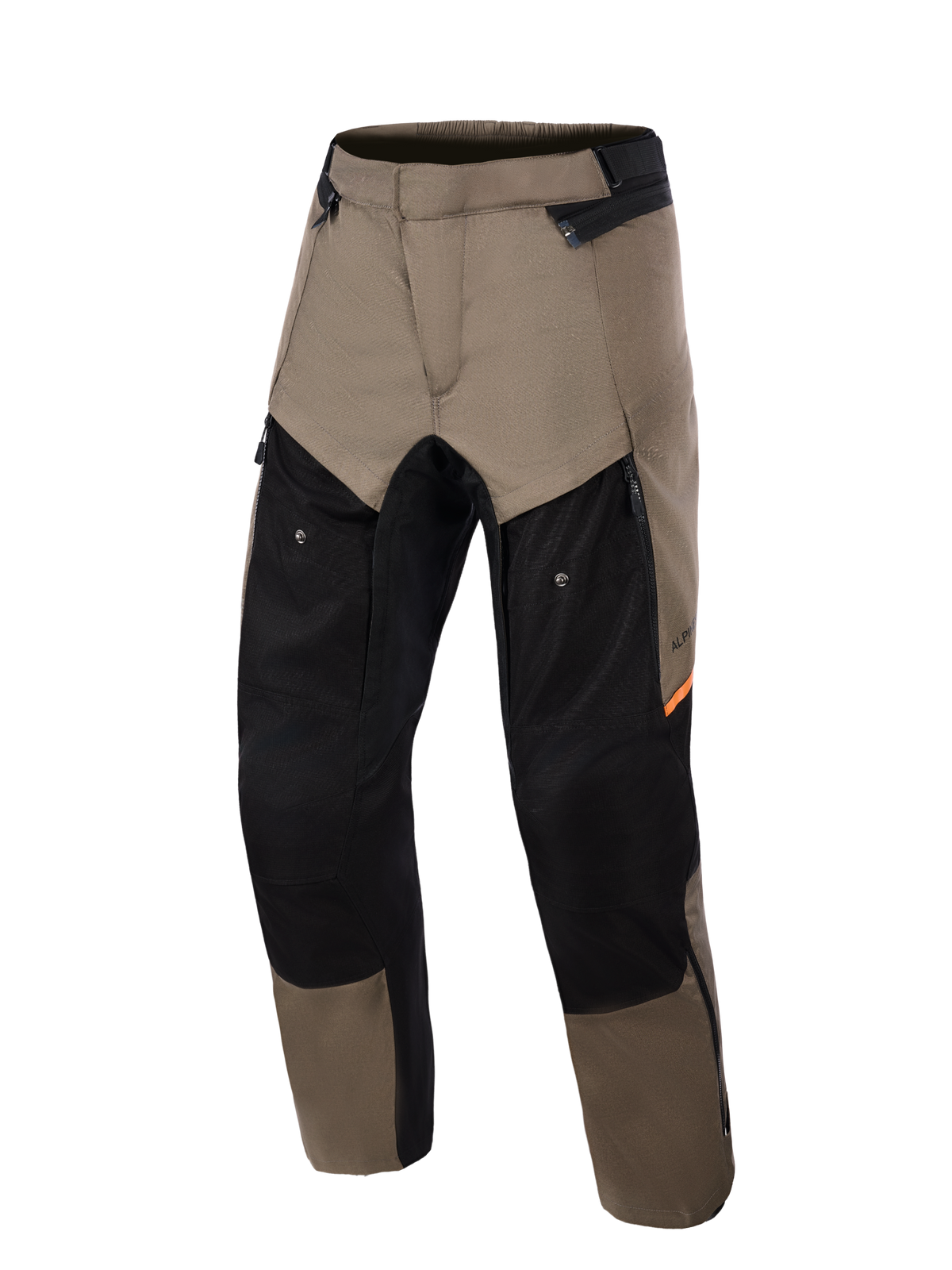Alpinestars Cusco Drystar® Pants, pantaloni da moto adventure Walnut Black, vista frontale, con pannelli marrone noce e neri con accenti arancioni, ampie ventilazioni con zip sulle cosce e robusta costruzione in tessuto.