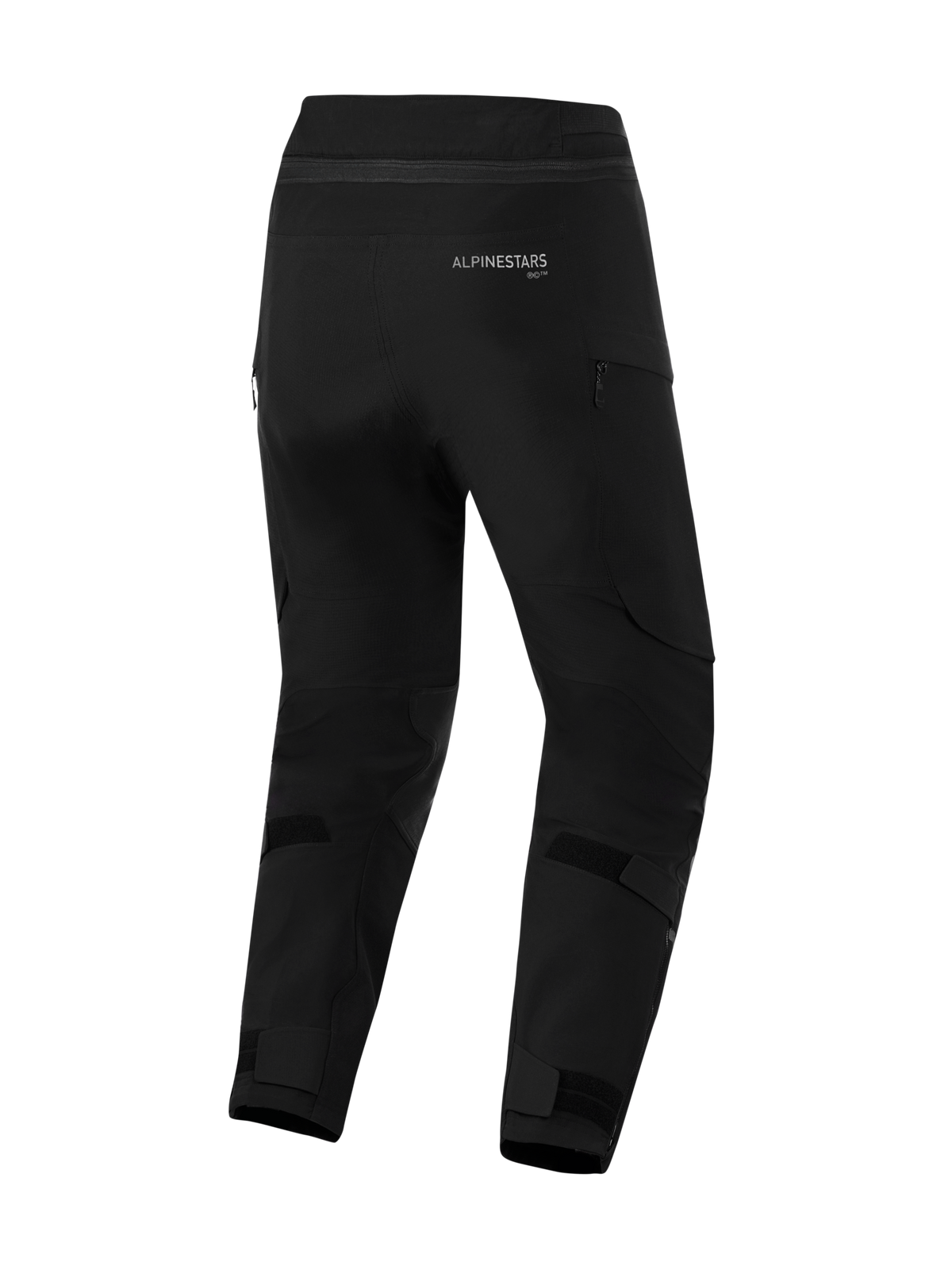 Alpinestars Pantaloni Andes Pro Drystar® XF - Versione corta, pantaloni da moto neri, vista posteriore con logo Alpinestars, cinturini in velcro regolabili su polpacci e caviglie, prese d'aria con zip e costruzione in tessuto resistente per l'adventure touring.