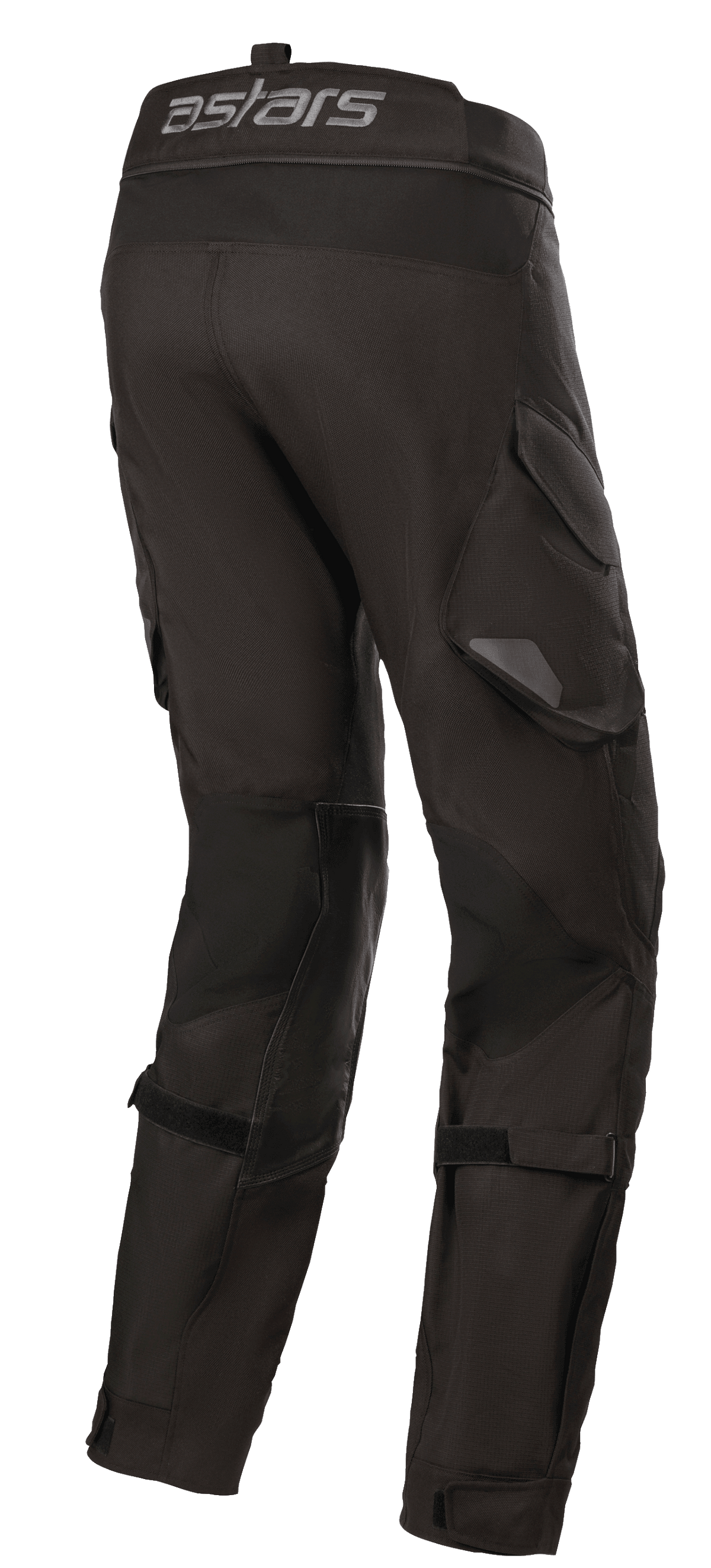 Pantaloni Alpinestars Halo Drystar®, pantaloni da moto adventure touring, nero, vista laterale posteriore con logo astars sulla cintura, tasche cargo funzionali e cinturini regolabili sulle gambe per una vestibilità sicura