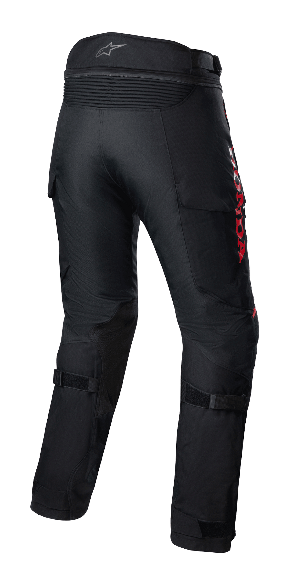 Alpinestars Pantaloni Honda Bogota' Pro Drystar®, pantaloni da moto touring adventure, neri con marchio HONDA rosso, vista posteriore con pannelli elastici a fisarmonica in vita, cinturini regolabili sui polpacci e struttura in tessuto resistente per la guida adventure multi-stagione.