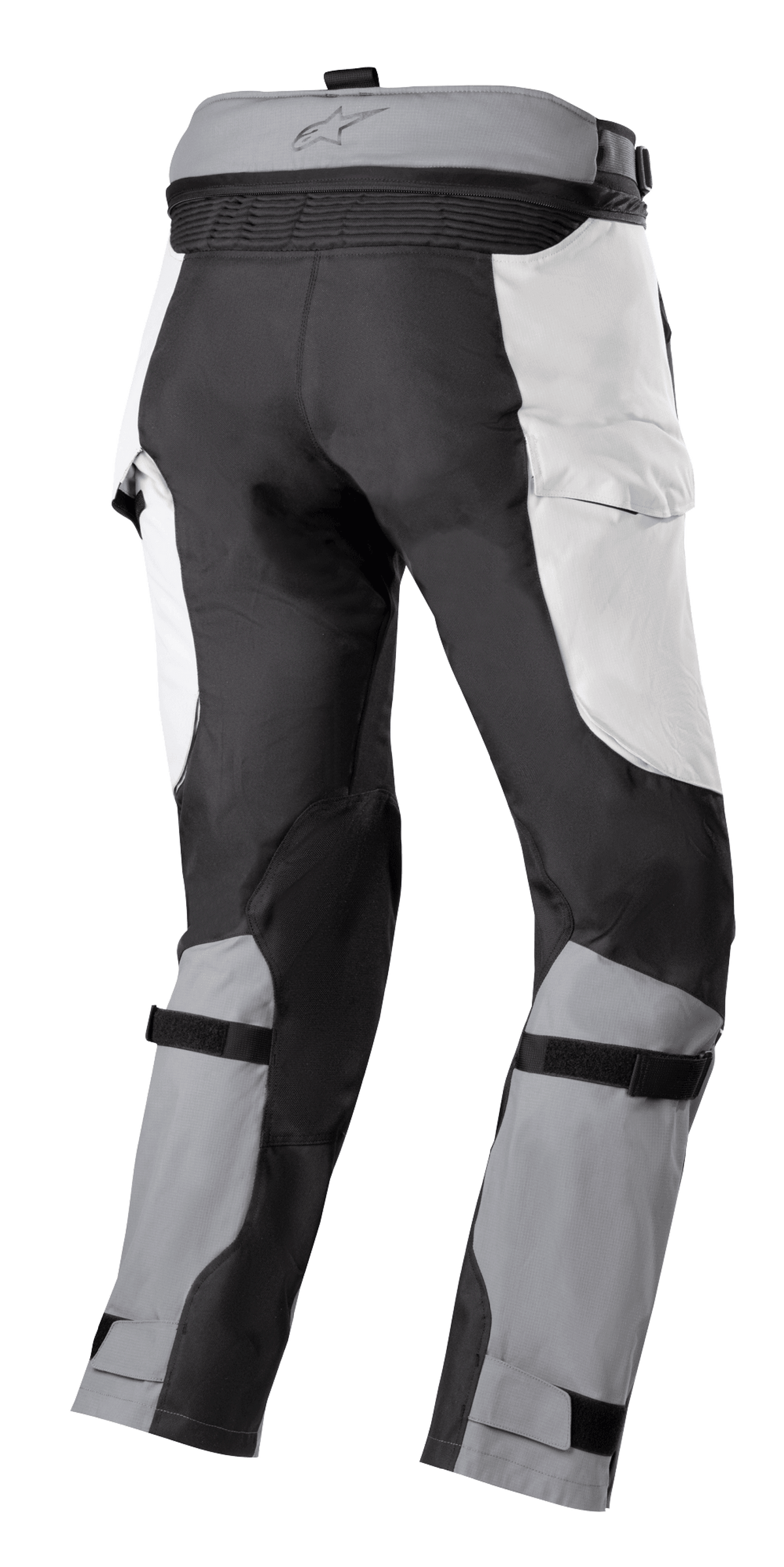 Alpinestars Bogota' Pro Drystar® 4 Seasons Pants, pantaloni Adventure Touring, grigio ghiaccio e grigio scuro, vista posteriore con cerniera di collegamento in vita, pannelli stile cargo e cinturini regolabili sui polpacci per una vestibilità sicura