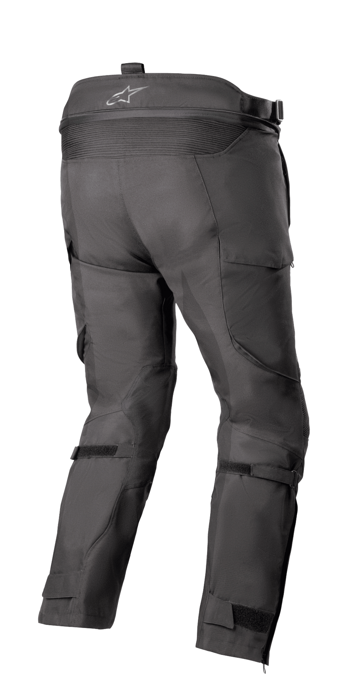 Alpinestars Bogota' Pro Drystar® 4 Seasons Pants - Short, pantaloni da moto adventure touring, nero, vista posteriore con vita alta e logo, pannello a fisarmonica elasticizzato, cinghie regolabili sui polpacci e costruzione in tessuto tecnico.