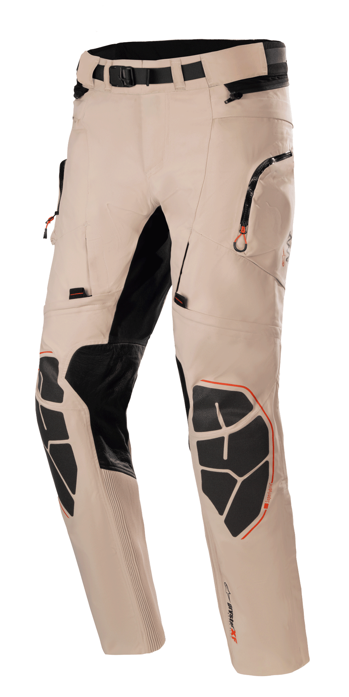 Alpinestars AMT-10R Drystar Xf Pants, pantaloni moto adventure touring, marrone chiaro con accenti neri e arancioni, costruzione impermeabile e traspirante, ginocchiere rinforzate in Superfabric, cintura regolabile, tasche con zip, pannelli elastici per flessibilità