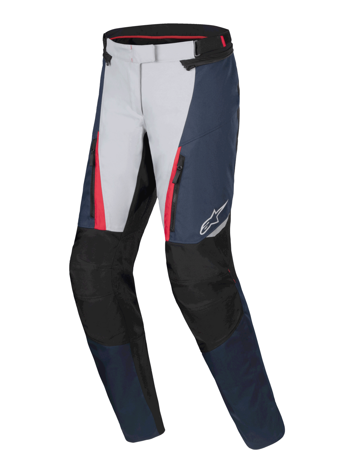 Alpinestars Stella ST-1 Waterproof Pants, pantaloni moto touring da donna, blu scuro, nero e rosso acceso con pannelli grigio chiaro, tasche anteriori con zip, protezione rinforzata sulle ginocchia, design ergonomico per ogni condizione atmosferica