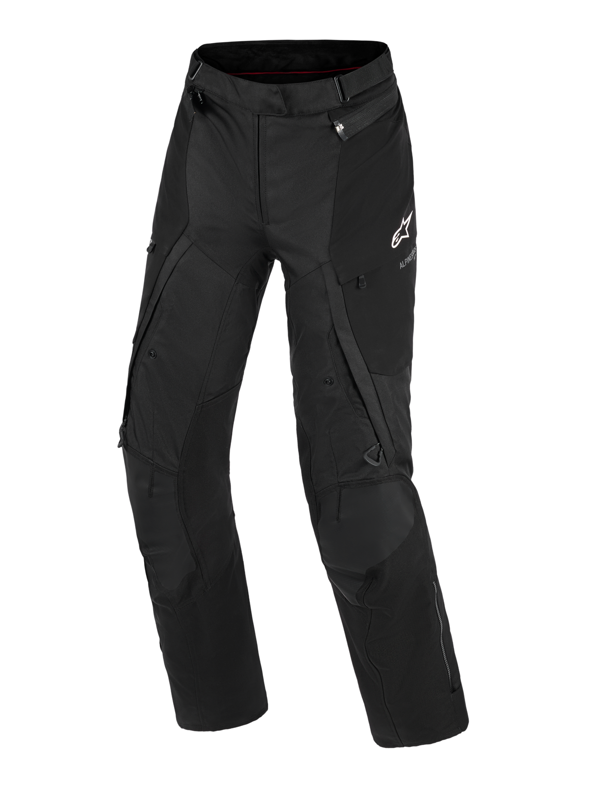 Pantaloni Alpinestars Stella Andes v4 Drystar®, pantaloni da moto adventure da donna, nero, vista frontale che mostra la costruzione in tessuto tecnico, logo Alpinestars bianco sulla coscia sinistra, tasche cargo e cerniere di ventilazione, abbigliamento tecnico resistente per ogni condizione climatica