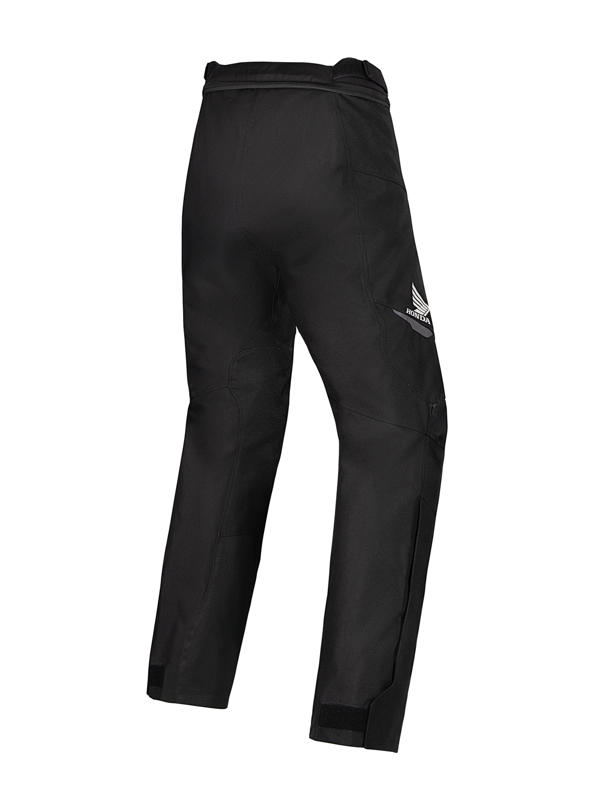 Pantaloni Alpinestars Honda Woman Stella St-1 Waterproof, pantaloni da moto neri, vista posteriore di tre quarti con il logo Honda bianco sulla coscia destra, robusta costruzione in tessuto con ginocchia articolate e regolatori alle caviglie, progettati per il touring e l'adventure riding