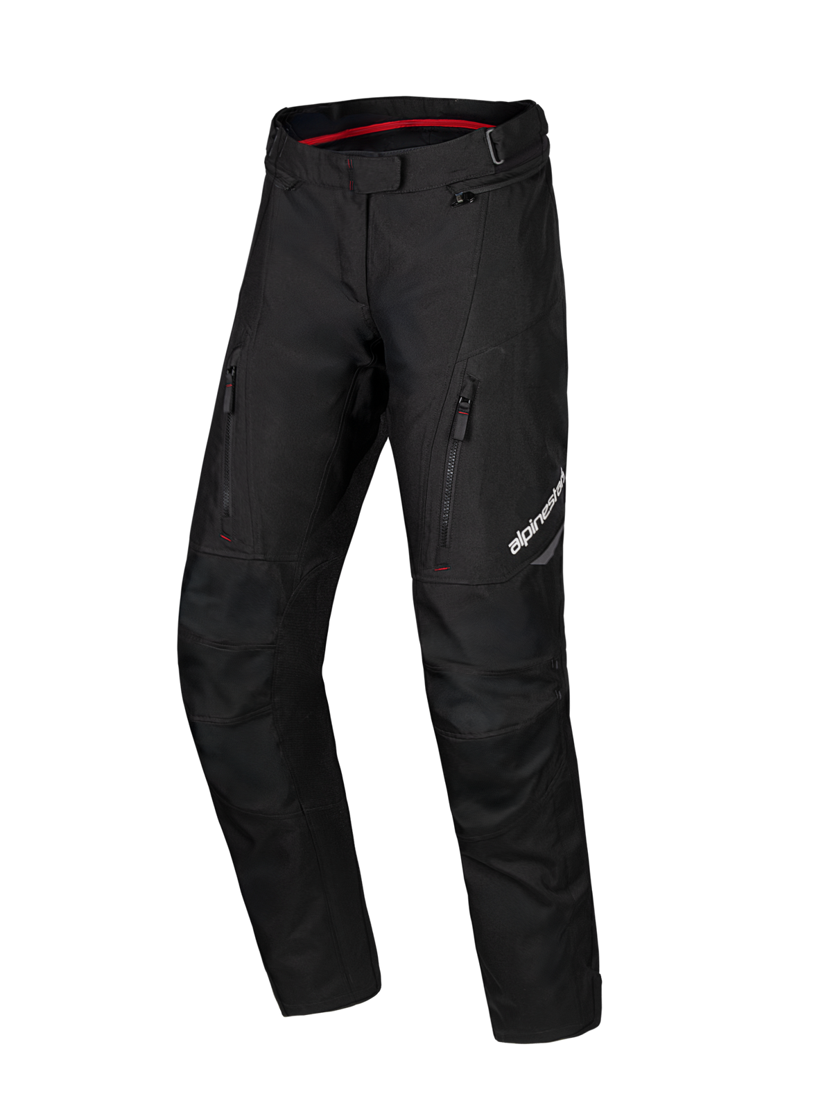 Alpinestars Honda Stella ST-1 Waterproof Pants, pantaloni da moto touring da donna neri, fodera interna rossa in vita, due tasche verticali con zip sulle cosce, logo Alpinestars sulla gamba, abbigliamento adventure in tessuto resistente