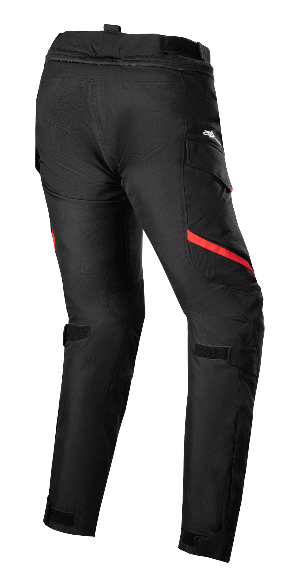 Pantaloni da donna Alpinestars Stella Honda Andes V3 Drystar®, pantaloni da moto touring, nero e rosso brillante, vista posteriore con tasche cargo, cinturini regolabili in vita e sulle ginocchia e robusta costruzione in tessuto per la guida in ogni condizione atmosferica