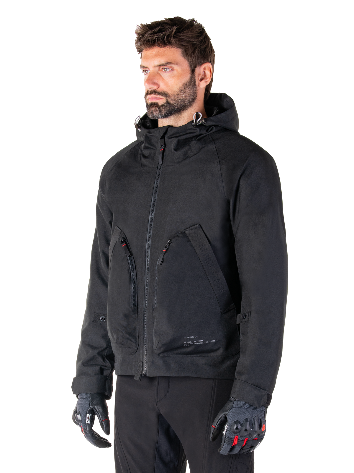 Alpinestars Parka Morush Impermeabile, giacca da moto urban da uomo, nero, tessuto tecnico laminato con cappuccio e tasche frontali 3D, certificato CE, stile streetwear minimalista