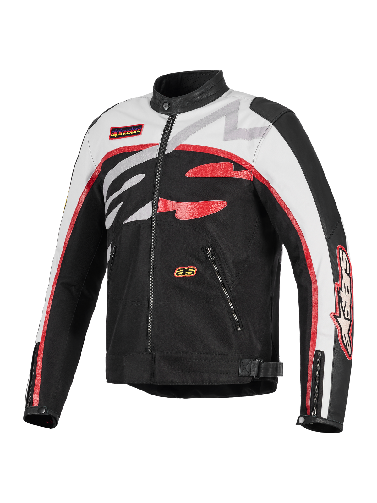 Alpinestars Axton Jacket, giacca da moto, nero, bianco sporco e rosso acceso, design d'ispirazione racing vintage con audace logo Alpinestars avvolgente, costruzione in tessuto e pelle, tasche con zip e colletto da biker