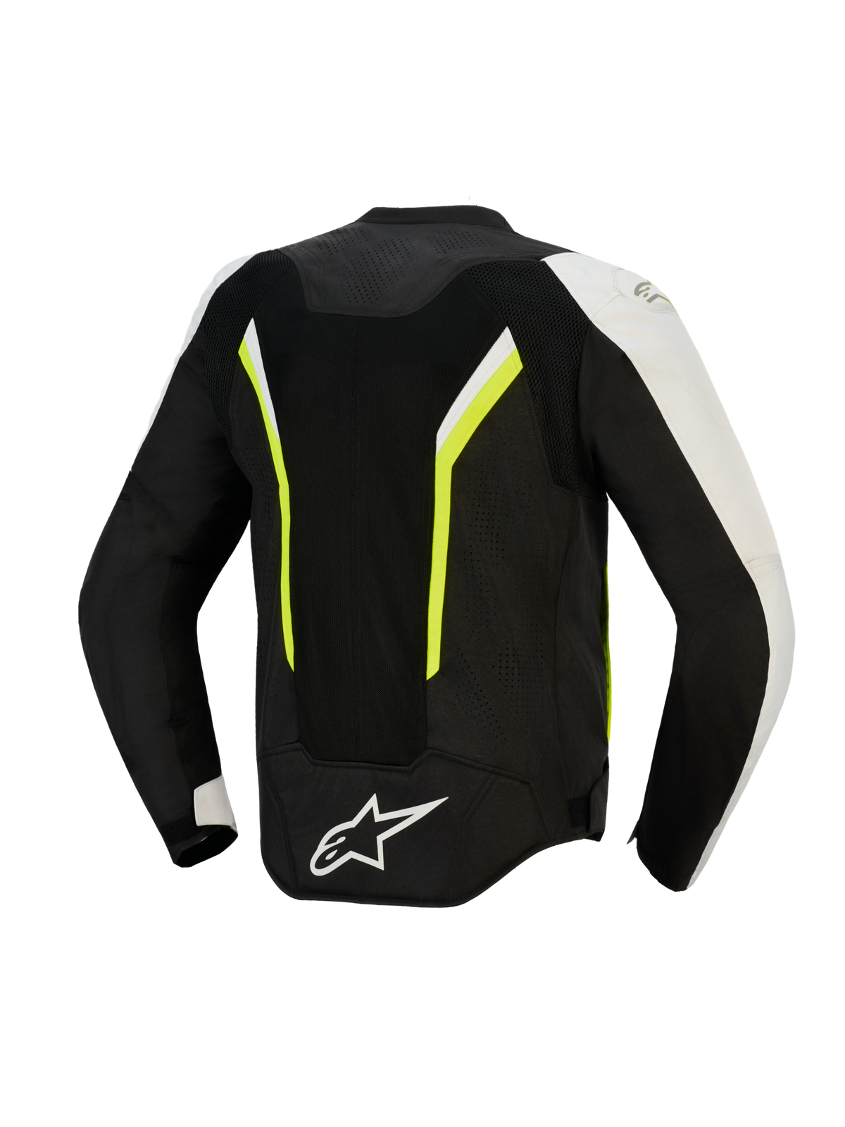 Giacca Alpinestars AST V3 Air, vista posteriore, nero argento e giallo fluo, giacca da moto in tessuto con ampi pannelli in mesh per il flusso d'aria, accenti fluorescenti e logo bianco sulla parte inferiore della schiena