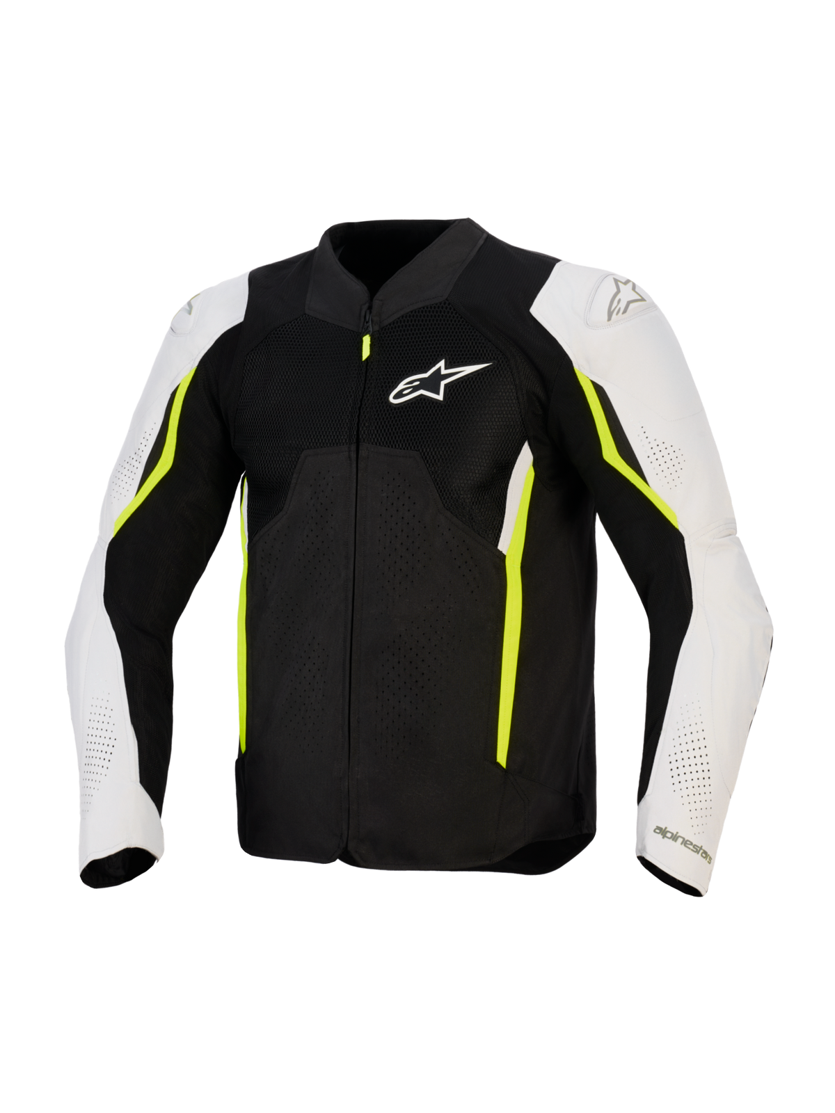 Giacca Alpinestars AST V3 Air, giacca da moto in tessuto traforato, nero, argento e giallo fluo, vista frontale con pannelli di ventilazione in rete, maniche bianche con dettagli giallo neon e logo Alpinestars sul petto, design sportivo per climi caldi
