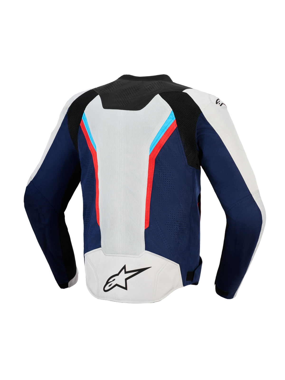 Alpinestars AST V3 Air Jacket, vista posteriore, Silver Deep Blue e Bright Red, giacca tecnica da moto con ampi pannelli di ventilazione in rete, design sportivo multi-pannello con accenti rossi e azzurri, logo A-star nero sulla parte inferiore della schiena argentata.