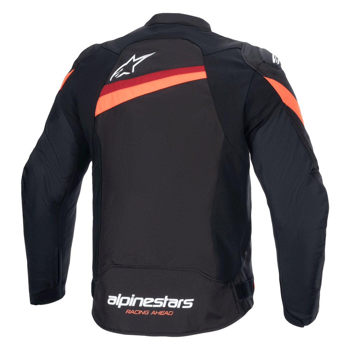 Giacca Alpinestars T-GP Plus R V4, vista posteriore, nero e rosso fluo, giacca da moto sportiva in tessuto, logo Alpinestars bianco sulla parte superiore della schiena e marchio sull'orlo inferiore, strisce diagonali rosse su spalle e schiena, maniche pre-curvate.