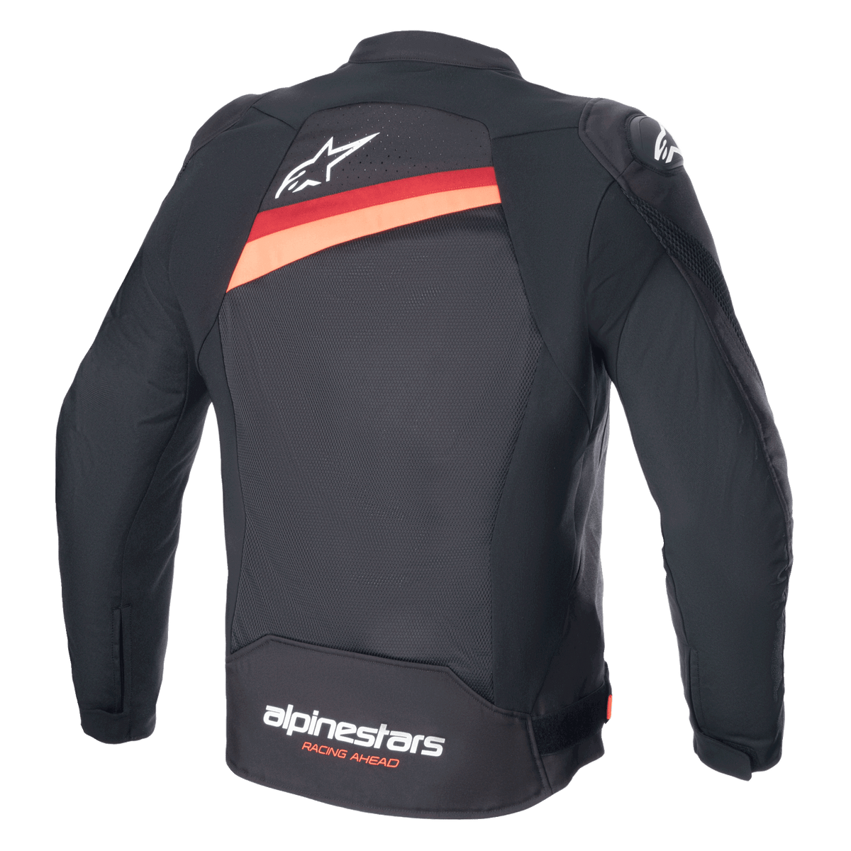 Alpinestars T-GP Plus R V4 Airflow Jacket, giacca da moto in tessuto nero con rosso fluo, vista posteriore con ampi pannelli di ventilazione in rete, logo Astar bianco sulla parte superiore della schiena e marchio 'alpinestars RACING AHEAD' sulla parte inferiore della schiena.