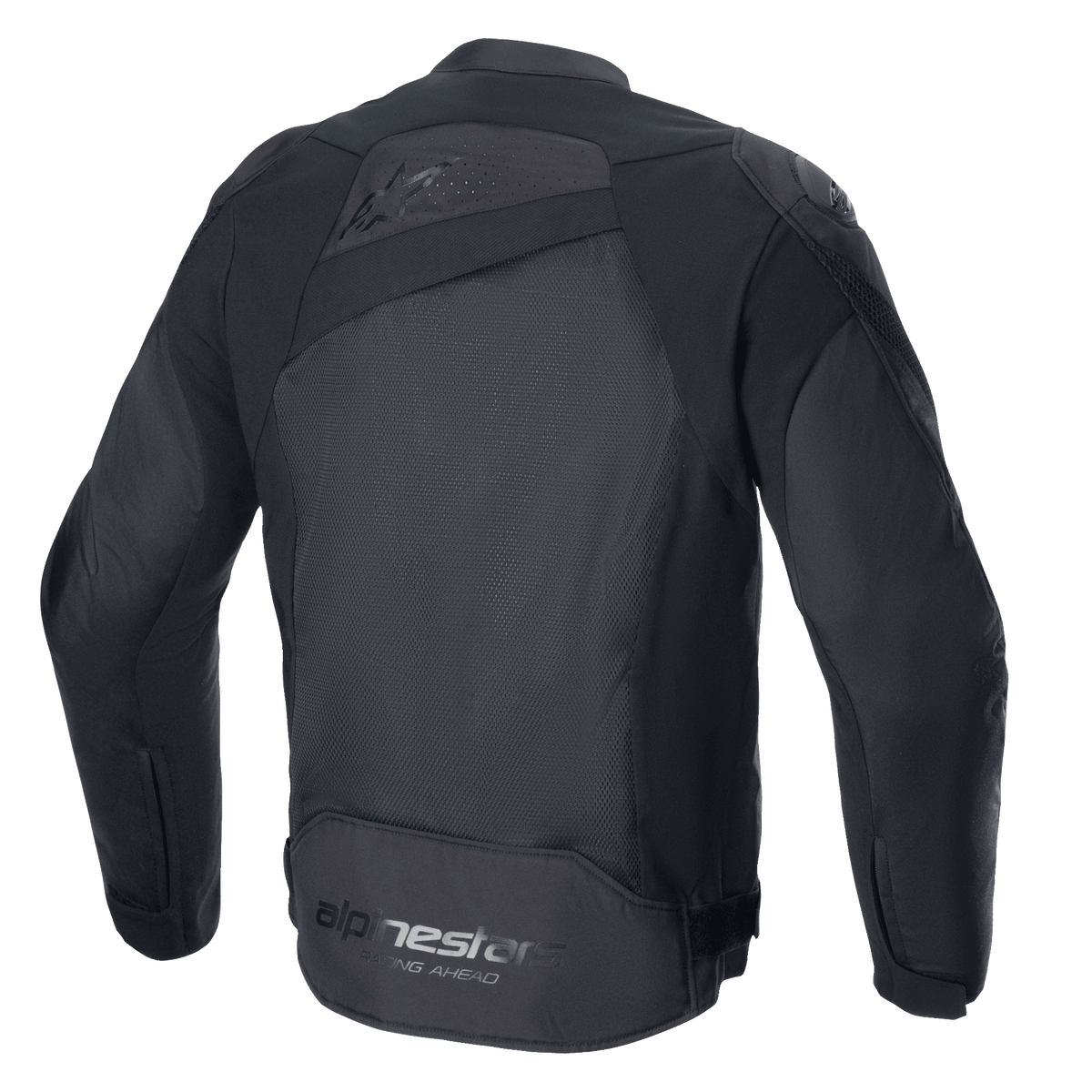 Alpinestars T-GP Plus R V4 Airflow Jacket, nero/nero, vista posteriore, con ampio pannello in rete per il massimo flusso d'aria, parte superiore della schiena traforata, discreto logo goffrato e marchio Alpinestars Racing Ahead sulla parte bassa della schiena, giacca da moto in tessuto con vestibilità sportiva