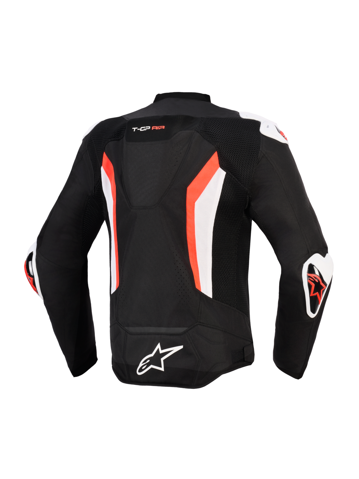 Giacca Alpinestars T-GP Air, vista posteriore, nero con accenti rosso fluo e bianchi, dotata di gobba aerodinamica, pannelli in mesh tecnica per la circolazione dell'aria, marchio "T-GP AIR" sulla parte superiore della schiena, slider DFS bianchi e rossi su spalle e gomiti, logo Alpinestars sulla parte inferiore della schiena, giacca da moto sportiva ad alte prestazioni