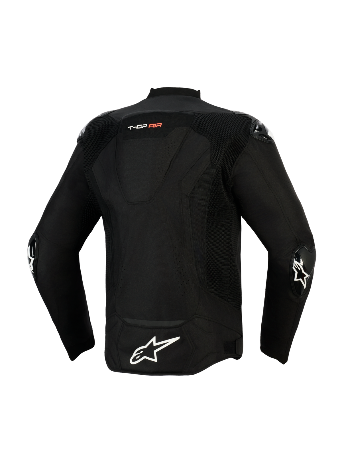 Giacca Alpinestars T-GP Air, vista posteriore, nera, con un grande logo a stella bianco sulla parte bassa della schiena e marchio 'T-GP AIR', pannelli in mesh e traforati al laser per la ventilazione e slider esterni sui gomiti, giacca tecnica da moto in tessuto di ispirazione sportiva