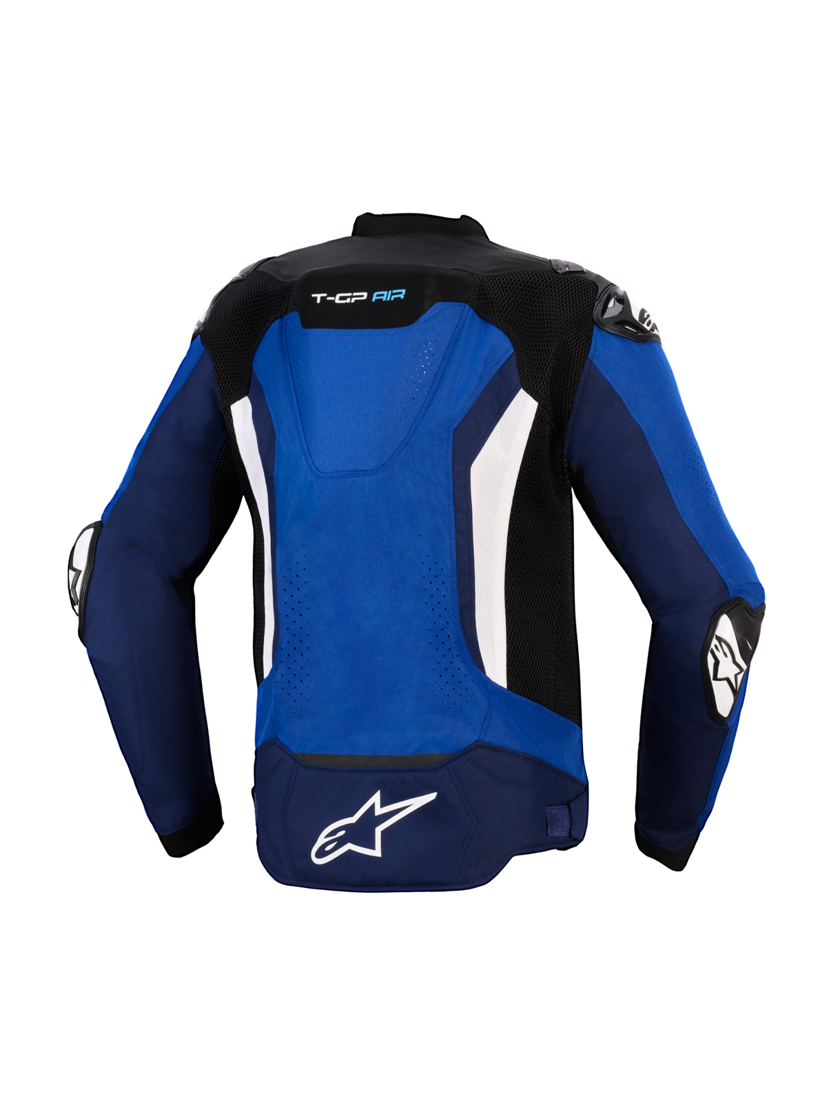 Giacca Alpinestars T-GP Air, vista posteriore, blu acceso, navy e bianco, giacca da moto sportiva in tessuto con gobba aerodinamica integrata, pannelli di ventilazione in mesh, accenti verticali bianchi e logo Astars bianco sulla parte inferiore, progettata per la guida ad alte prestazioni