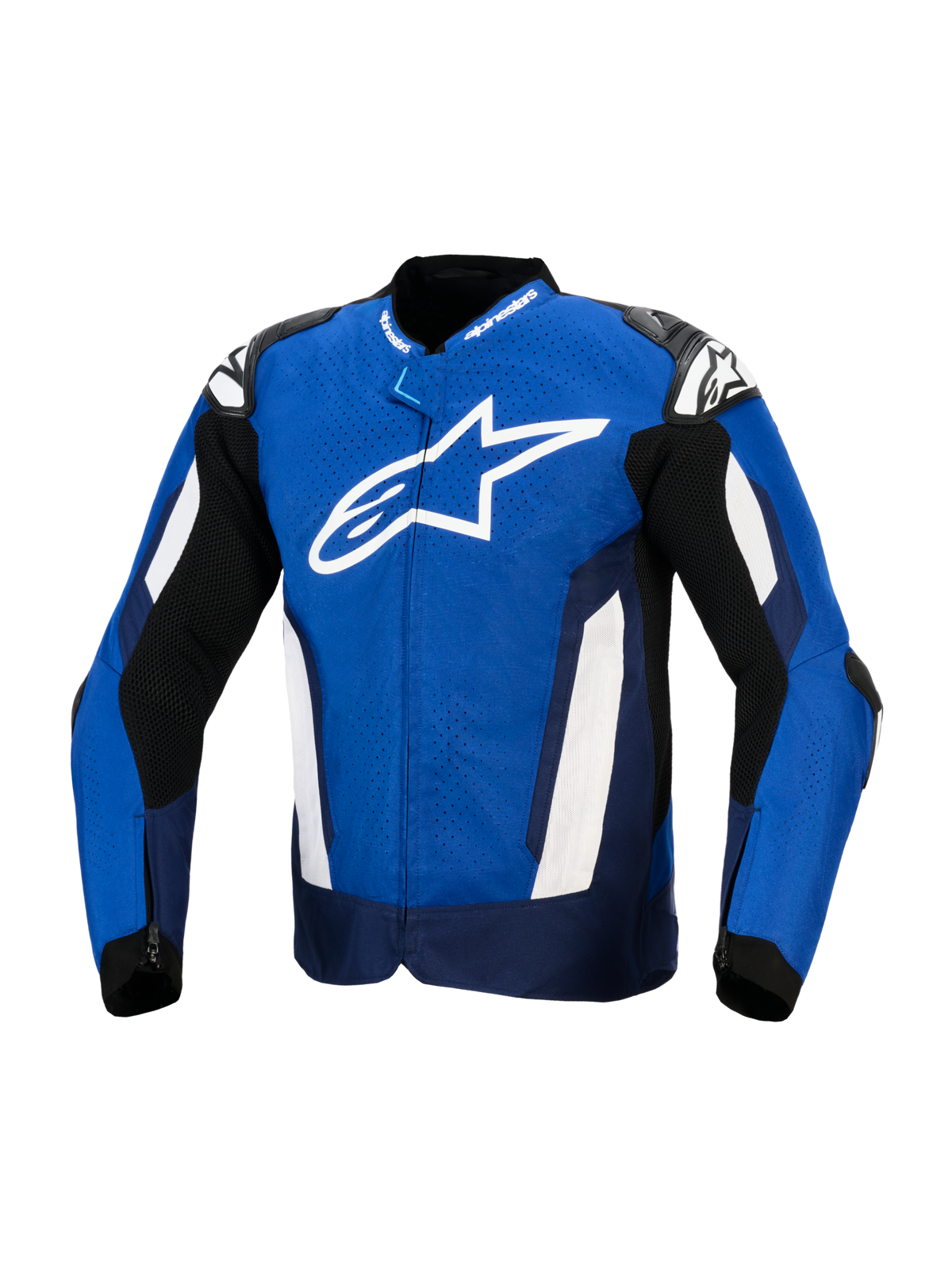Giacca Alpinestars T-GP Air, giacca da moto sportiva in tessuto, blu brillante, navy e bianco, con un grande logo a stella bianco sul petto, tessuto traforato al laser per la ventilazione e slider esterni sulle spalle, abbigliamento tecnico di ispirazione racing