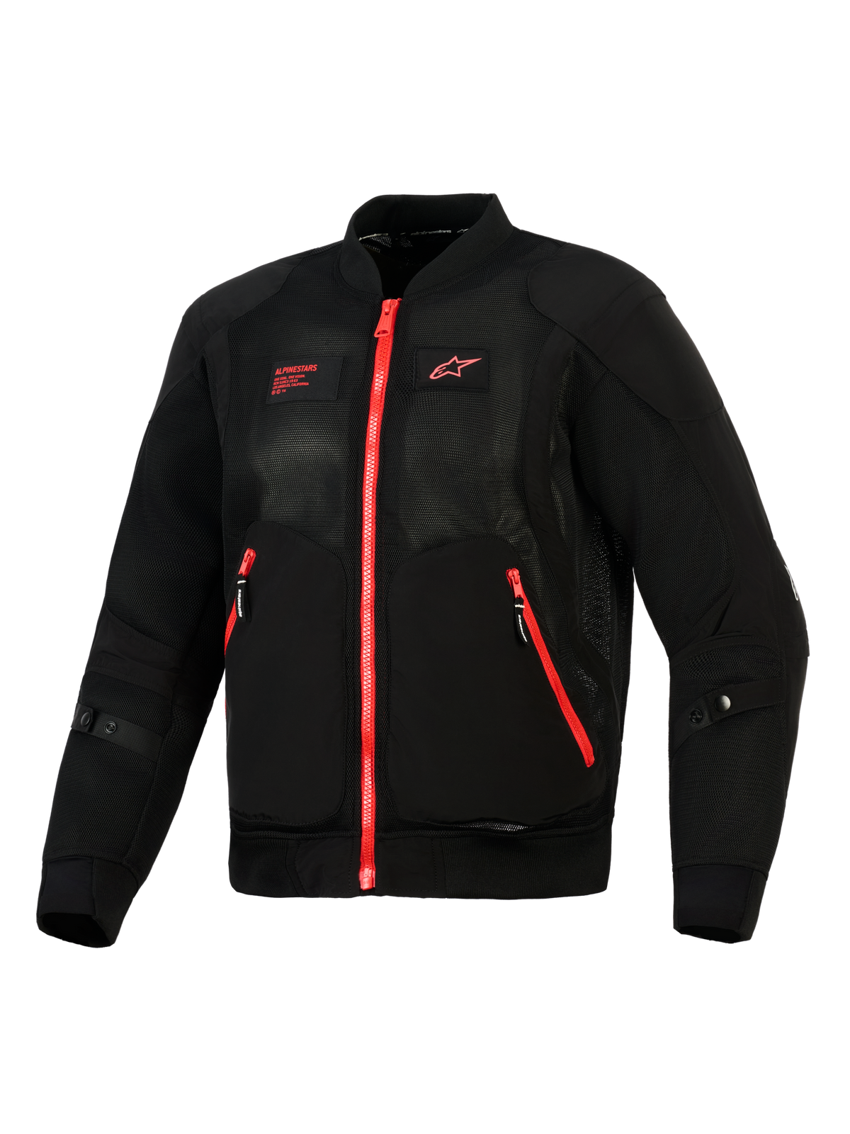 Alpinestars Giacca Flight Air, Nero Rosso Brillante, vista frontale di una giacca da moto leggera in stile bomber con pannelli in mesh 3D, cerniere rosse a contrasto e logo Alpinestars rosso sul petto.