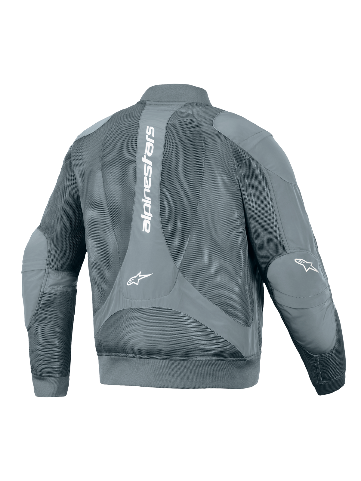 Alpinestars Flight Air Jacket, giacca da moto urbana, Storm Gray, vista posteriore con un grande logo Alpinestars bianco verticale, ampi pannelli in mesh 3D per il flusso d'aria e vita e polsini a costine in stile bomber