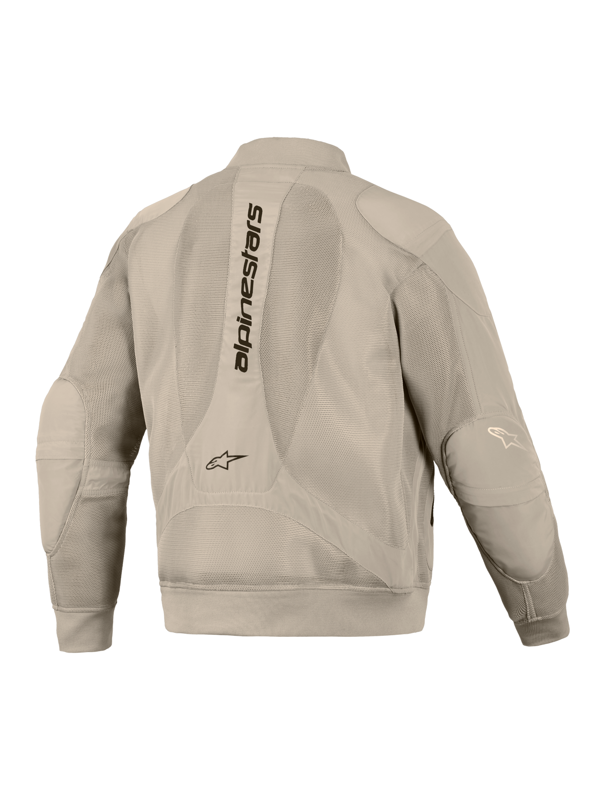 Alpinestars Flight Air Jacket in Alluminio, vista posteriore, con ampi pannelli in mesh 3D per la ventilazione, scritta Alpinestars verticale sulla schiena, polsini e orlo a costine e una moderna silhouette stile bomber per la guida urbana in moto.