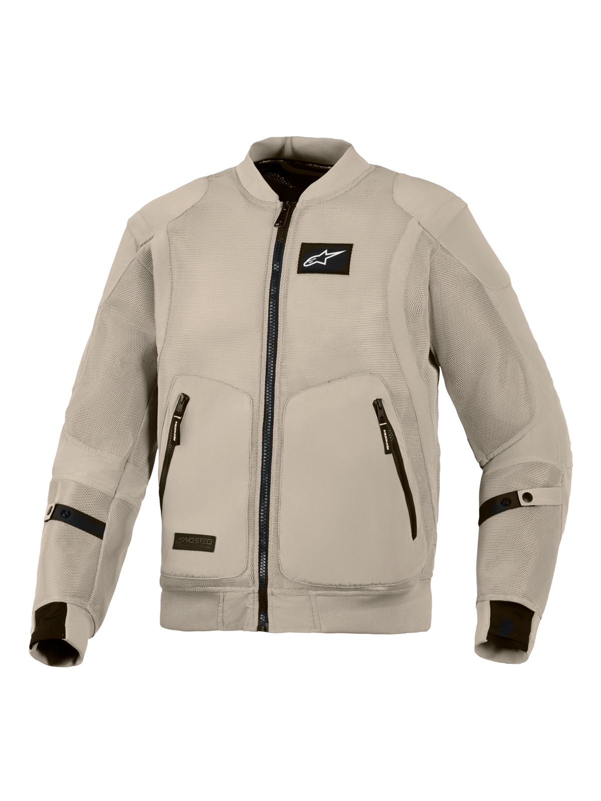 Giacca Alpinestars Flight Air, giacca da moto grigio Aluminum, abbigliamento urban riding stile bomber con ampi pannelli in mesh 3D per il massimo flusso d'aria, logo Alpinestars nero sul petto e doppie tasche frontali con zip.