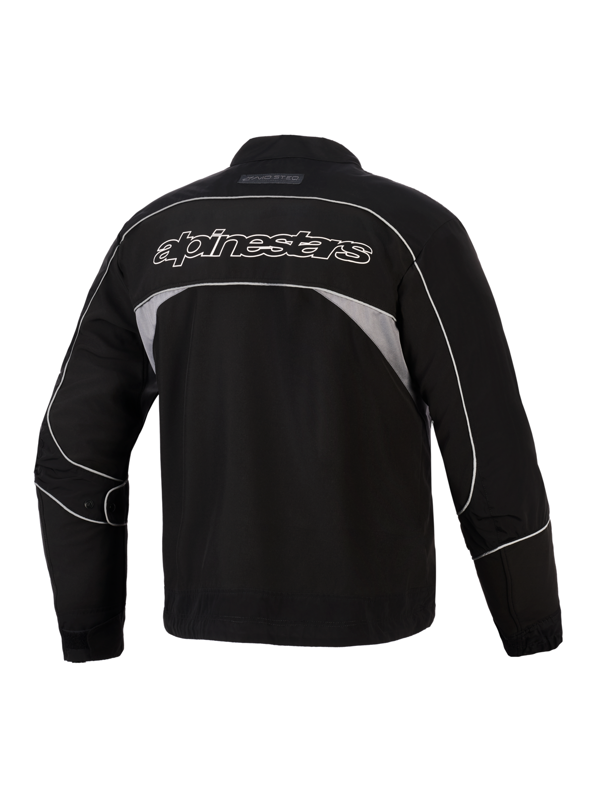 Giacca Alpinestars Unite, vista posteriore, nero con pannelli riflettenti grigio scuro, logo Alpinestars con profilo bianco sulla schiena, giacca da moto urbana in softshell dal design minimalista
