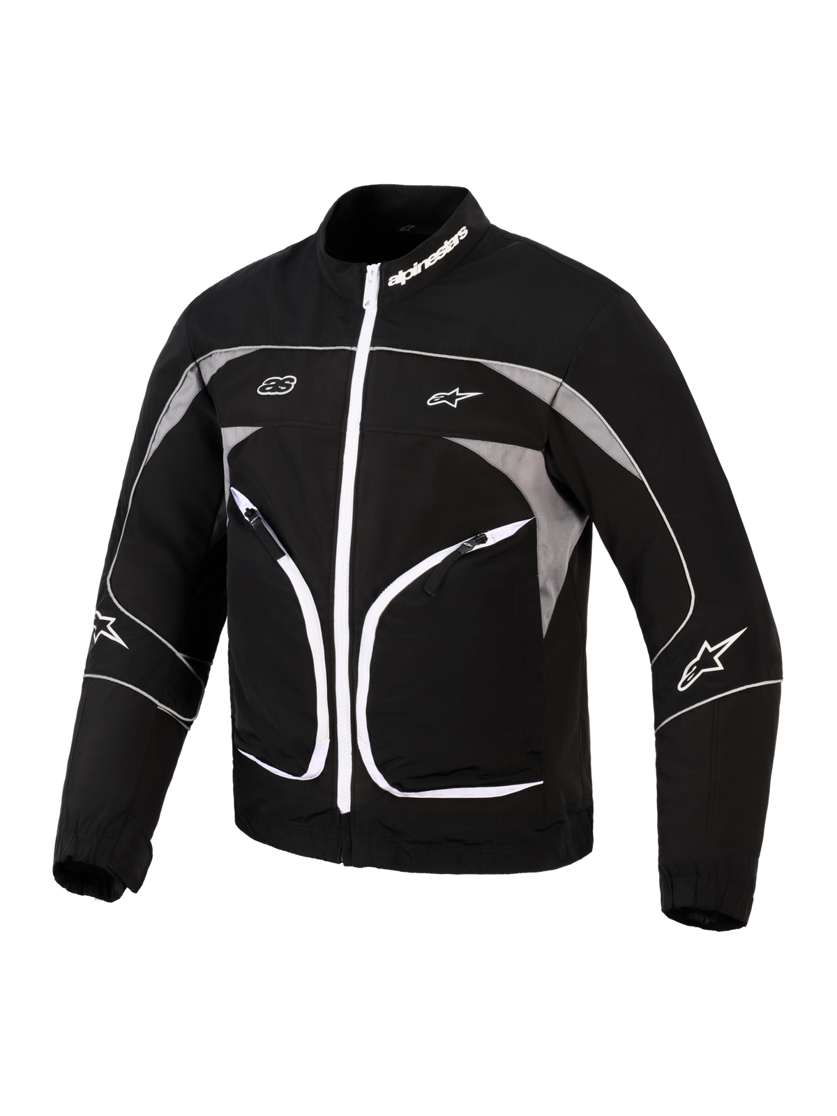 Alpinestars Unite Jacket, giacca da moto, nero e grigio scuro, con cerniera anteriore bianca, pannelli grigi riflettenti e dettagli con profili bianchi, marchio Alpinestars su colletto e maniche, design urbano minimalista