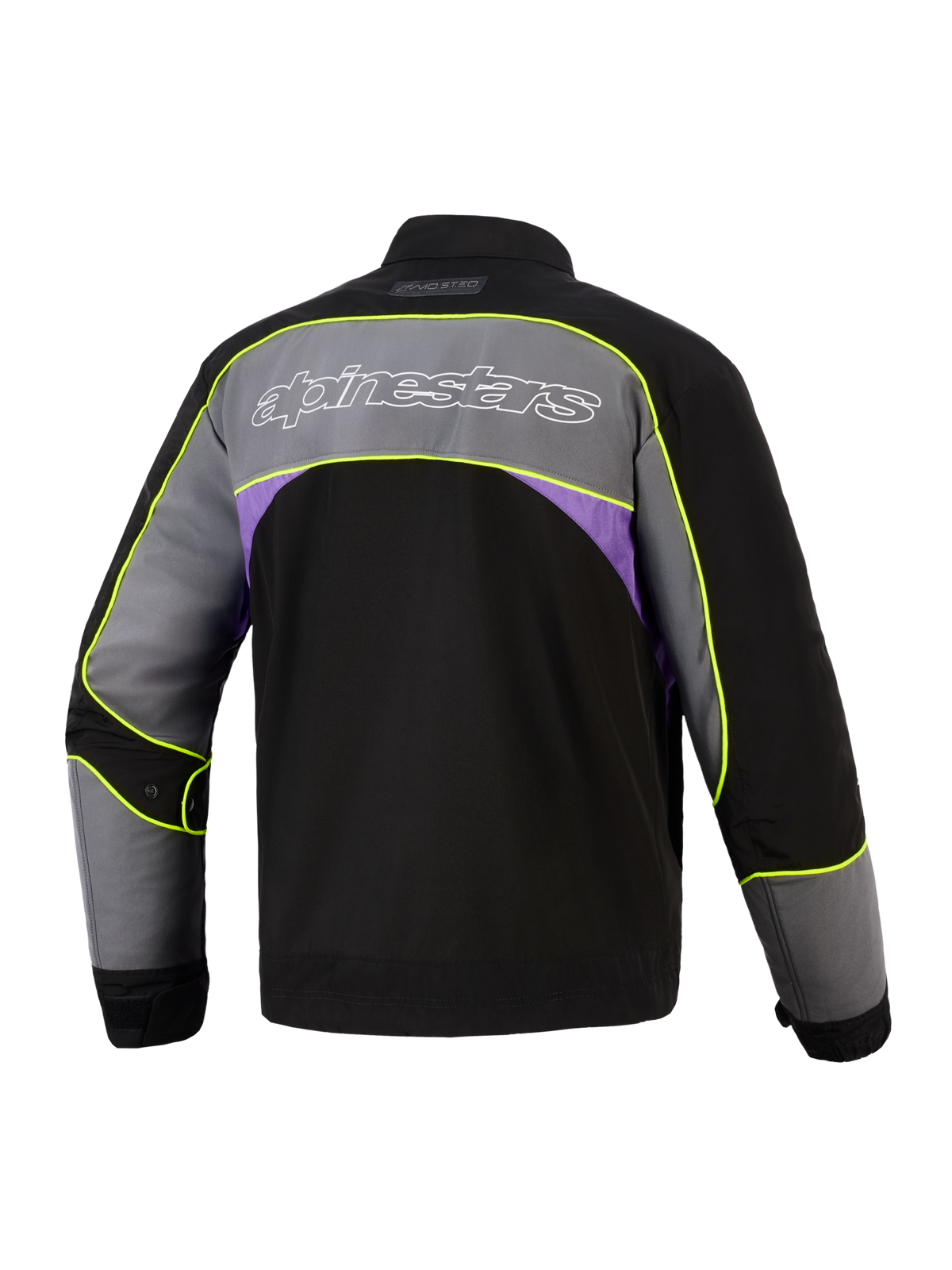 Alpinestars Giacca Unite in Black Asphalt Violet, vista posteriore, giacca da moto urbana con ampio pannello grigio sulle spalle, logo Alpinestars con profilo bianco, inserti laterali viola e profili giallo neon ad alta visibilità lungo le cuciture.