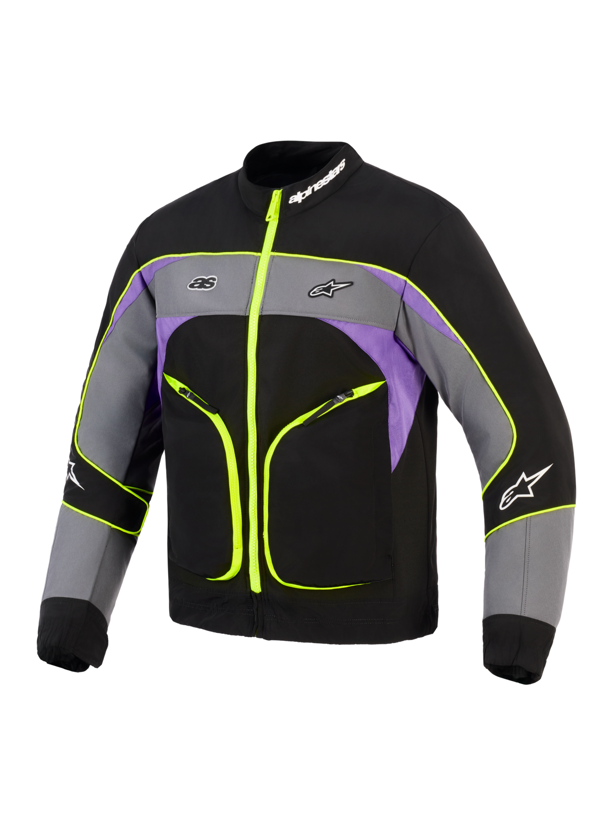 Giacca Alpinestars Unite, giacca da moto urbana, nero asfalto e viola con accenti giallo neon, dotata di costruzione softshell a 3 strati, cerniere e profili giallo fluorescente, design a blocchi di colore grigio e viola e marchio Alpinestars su petto e colletto.