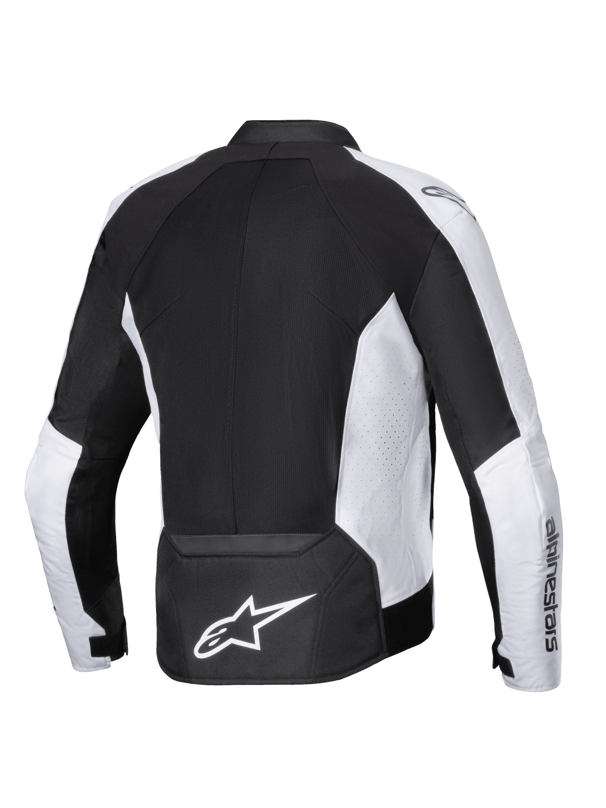 Giacca Alpinestars Viper Air V4, giacca da moto, nero e bianco, vista posteriore con ampi pannelli in mesh tecnica per la ventilazione, pannelli laterali bianchi traforati, logo Astar bianco sulla parte inferiore della schiena e costruzione in tessuto per la guida in climi caldi.