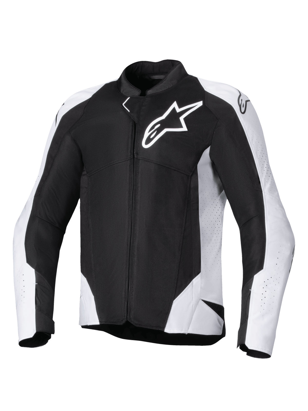 Giacca Alpinestars Viper Air V4, giacca da moto in tessuto, nero e bianco, con grande logo Astar bianco sul petto, pannelli in mesh traforato per il flusso d'aria, vestibilità sportiva ergonomica per la guida su strada