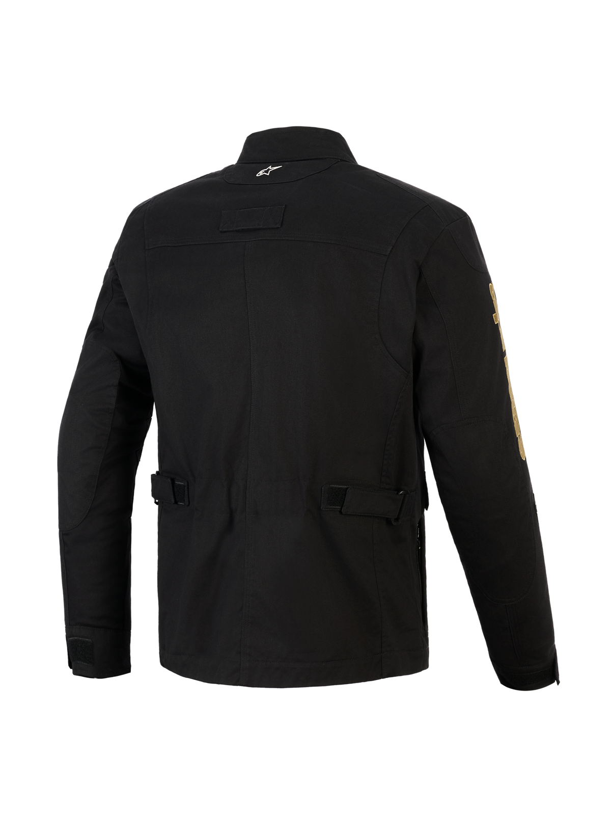Alpinestars Dice Jacket, giacca da moto urban nera, vista posteriore con cinturini di regolazione in vita e spalle plissettate, estetica vintage da field jacket con costruzione moderna in tessuto, piccolo logo bianco sul colletto e marchio dorato sulla manica