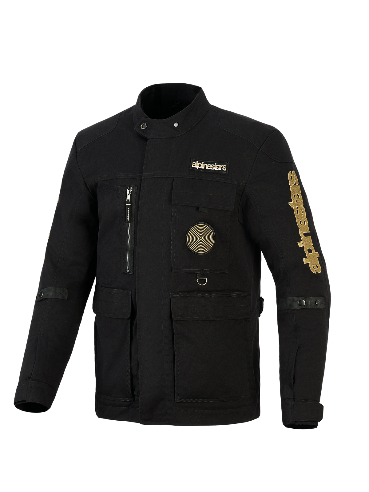 Alpinestars Dice Jacket, giacca da moto urban stile field jacket, nero con loghi oro, dotata di molteplici tasche multiuso, patch a spirale sul petto e design d'ispirazione vintage in tessuto idrorepellente.