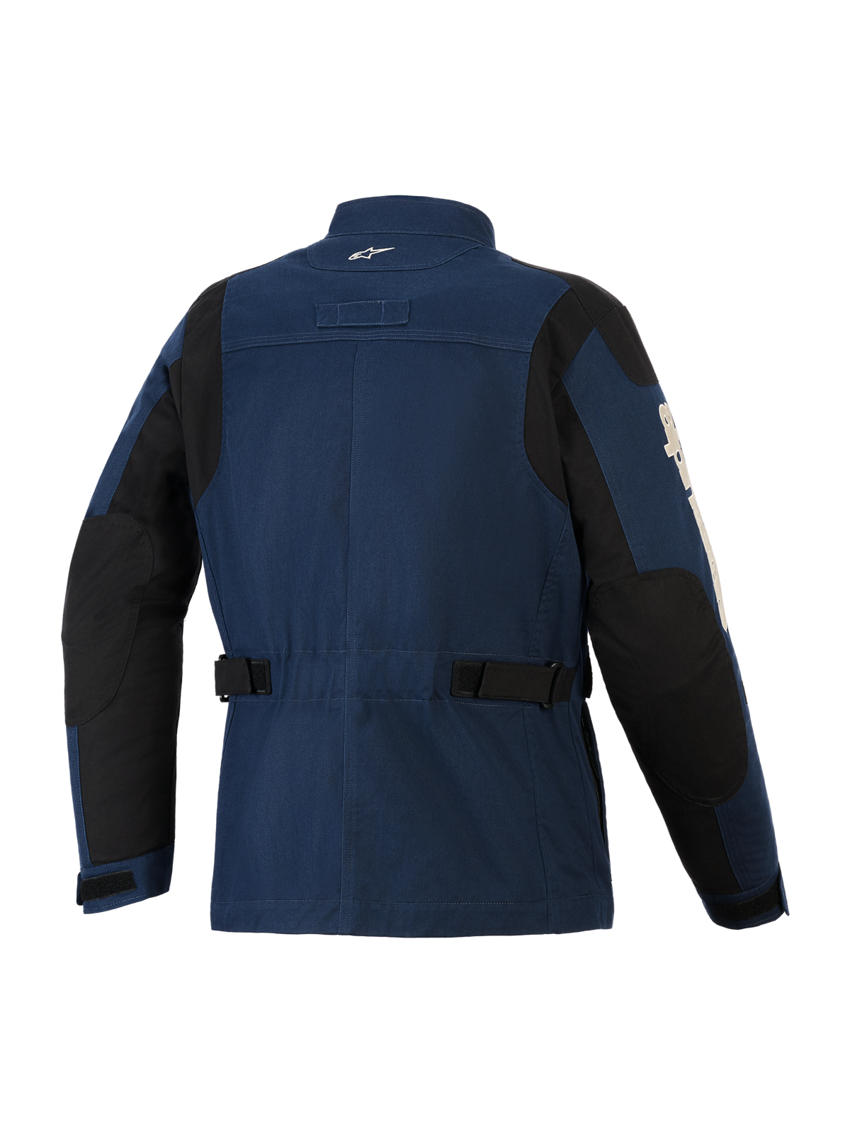Giacca Alpinestars Dice, giacca da moto urban, blu scuro e nero, vista posteriore che mostra lo stile field jacket, cinturini regolabili in vita, pannelli di rinforzo neri su spalle e gomiti e un piccolo logo bianco sul colletto.